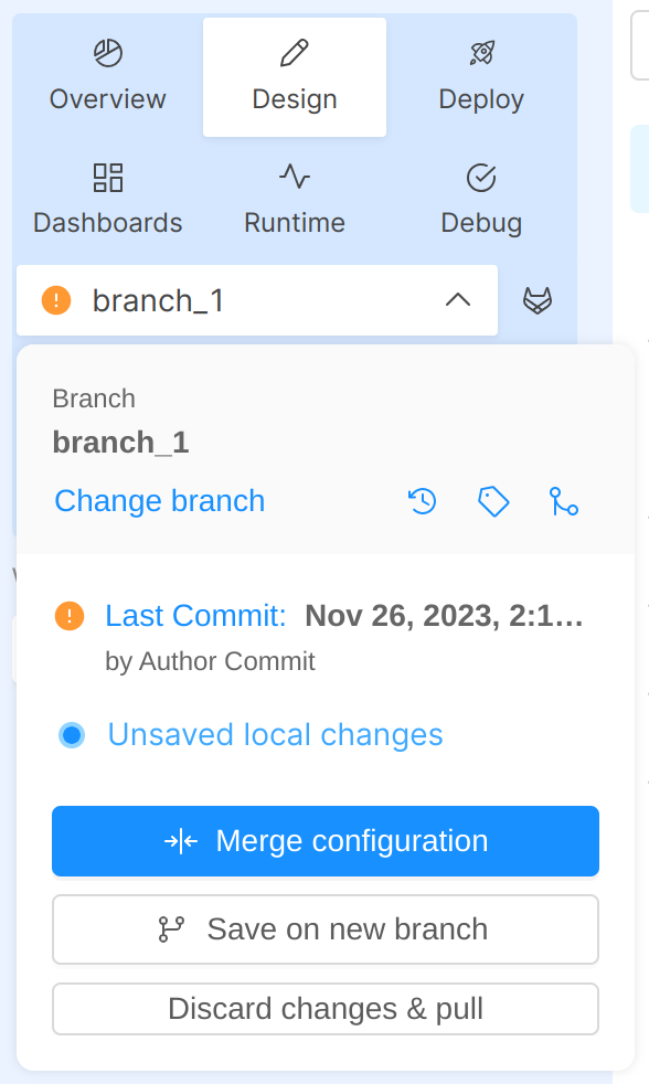 Branch action popover menu with merge option