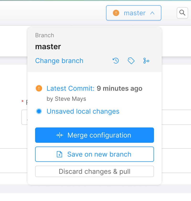 Branch action popover menu with merge option