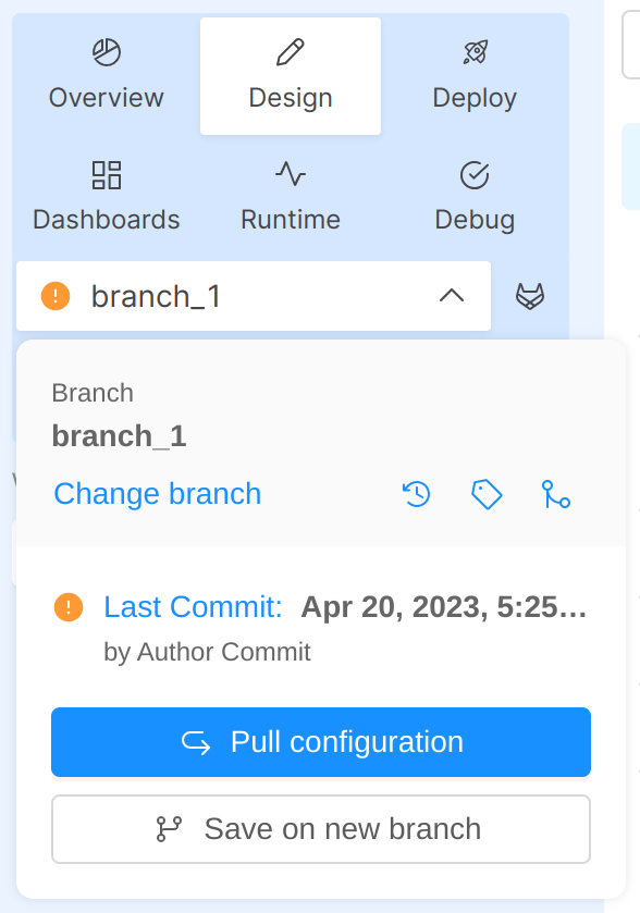 Branch action popover menu with pull option