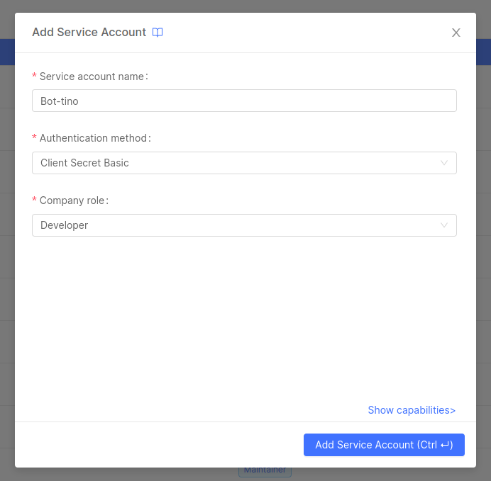 Add Company service account with client secret basic auth