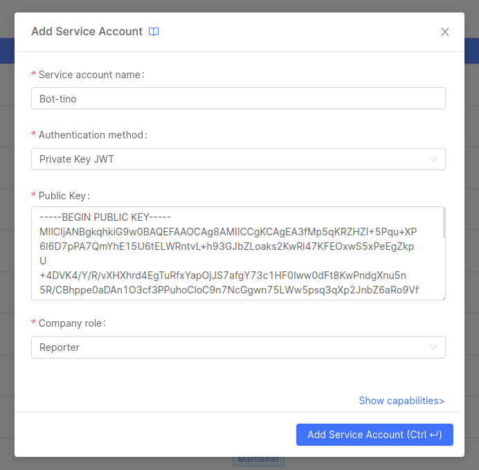 Add Company service account with private key jwt auth