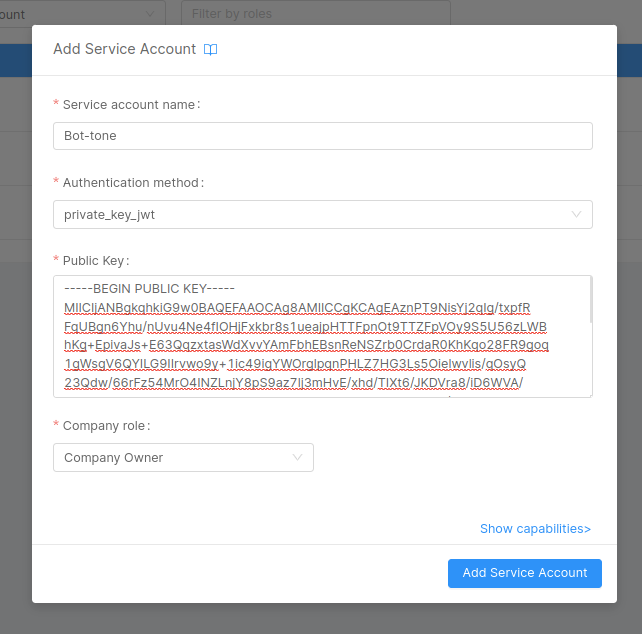 Add Company Service Account with private key jwt auth