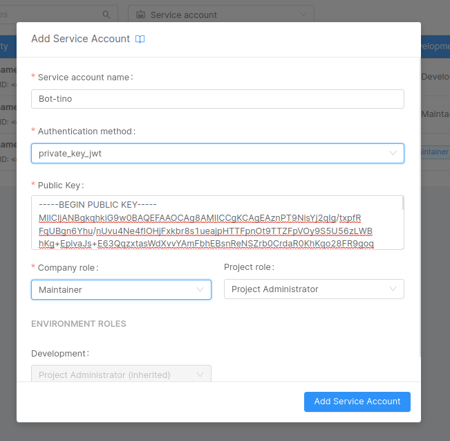 Add Project Service Account with private key jwt auth