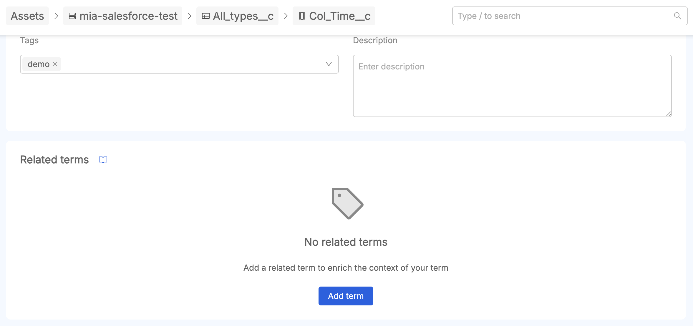 Related terms card on an asset detail page, empty state