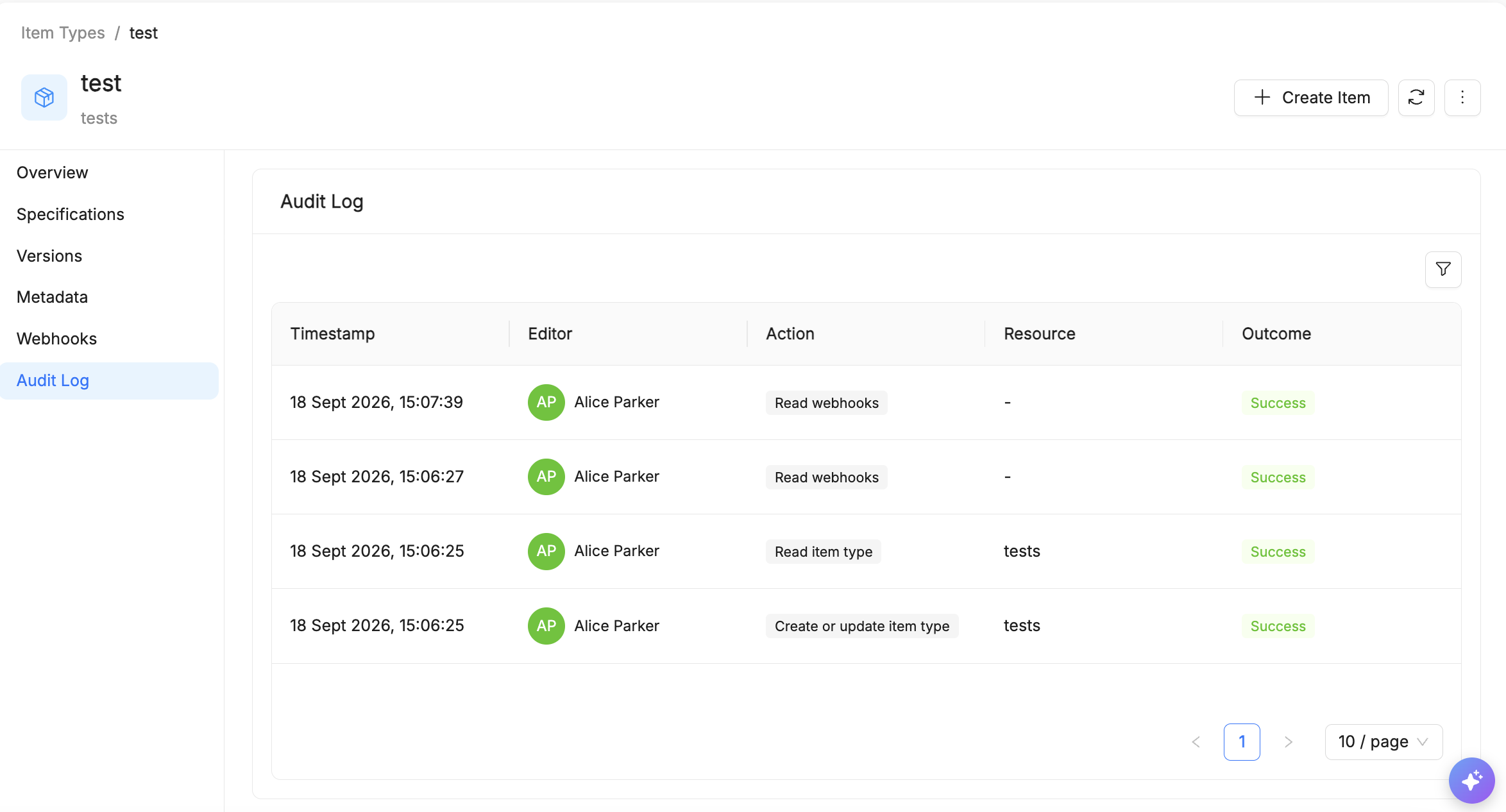 Audit Log tab on an Item Type