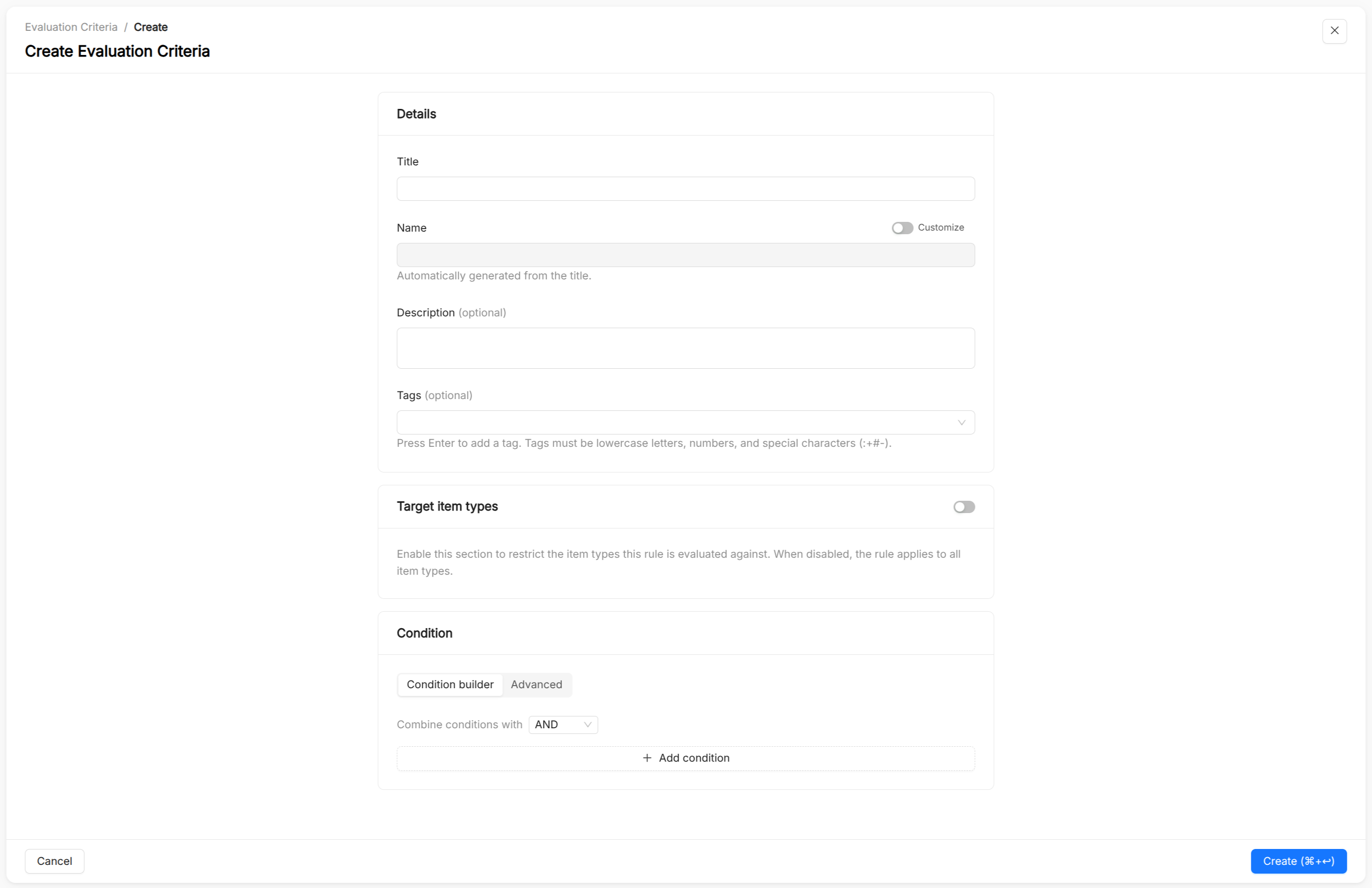 Catalog App Evaluation Criteria Creation dialog