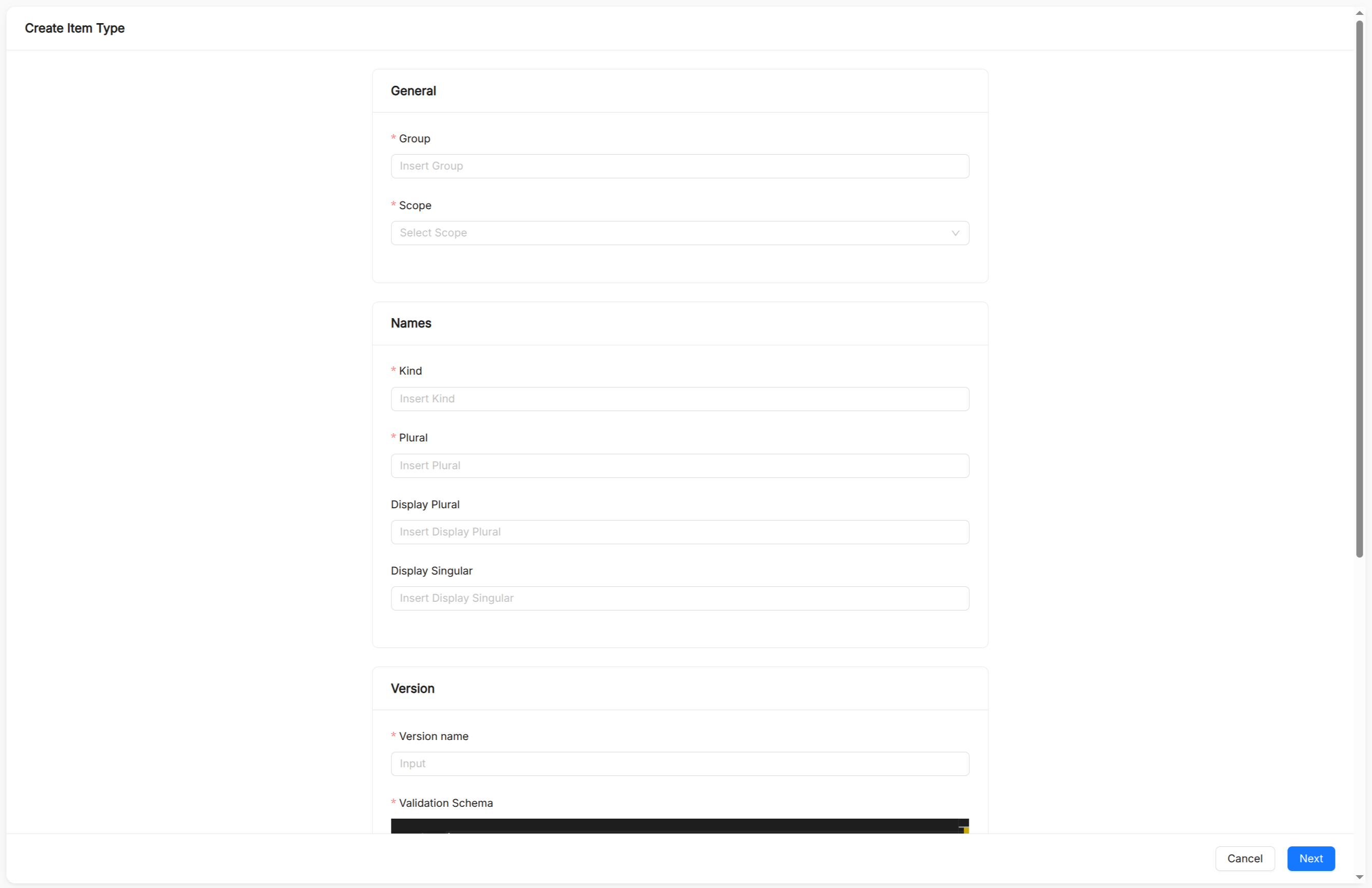 Catalog App Item Type Definition Creation