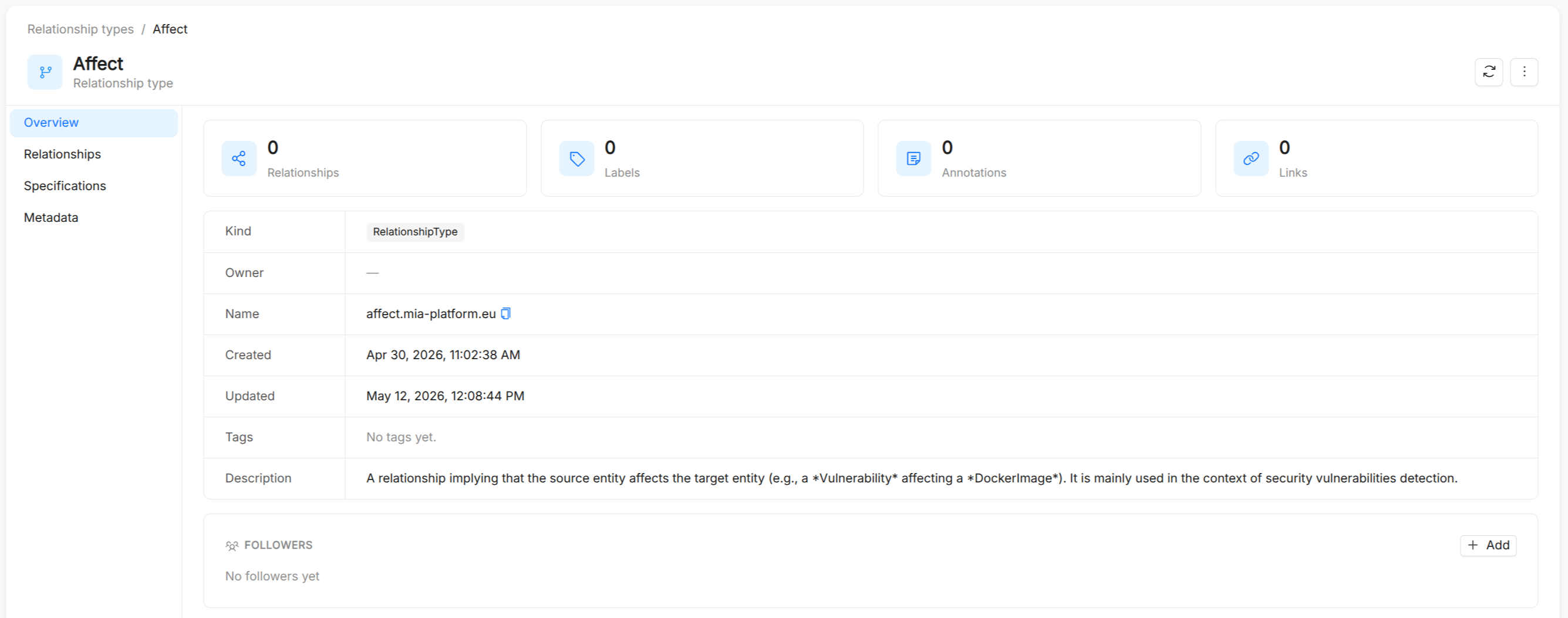 Catalog App Relationship Type Details