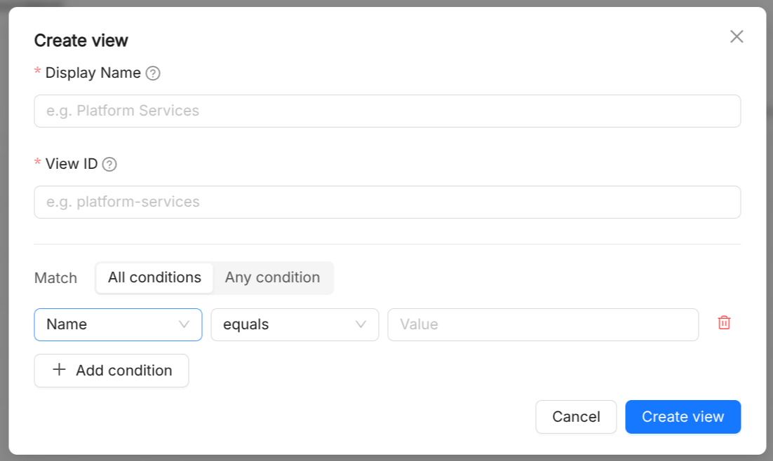 Catalog App View Creation dialog