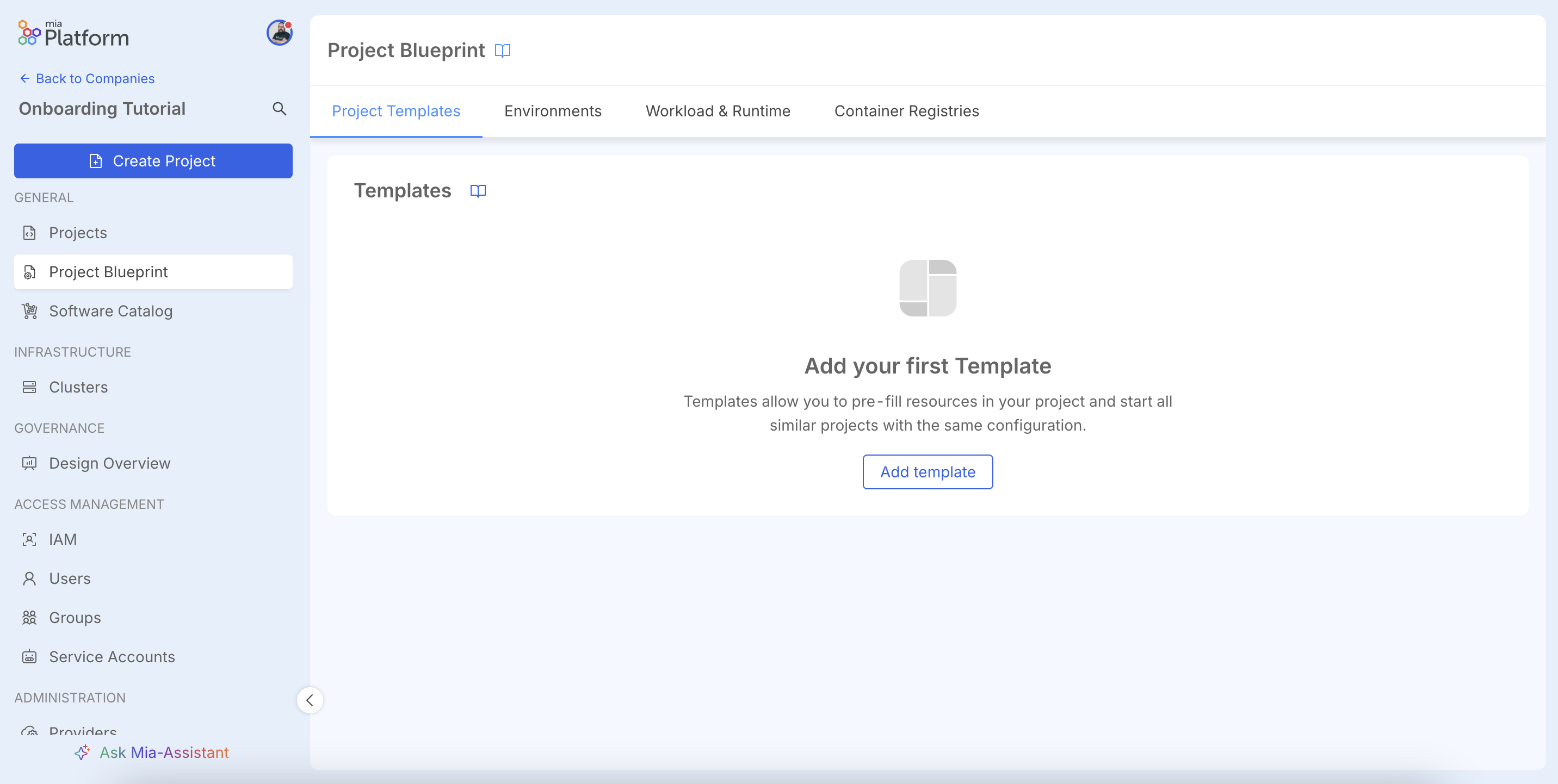 Project Templates page with a call to action to add a new template.