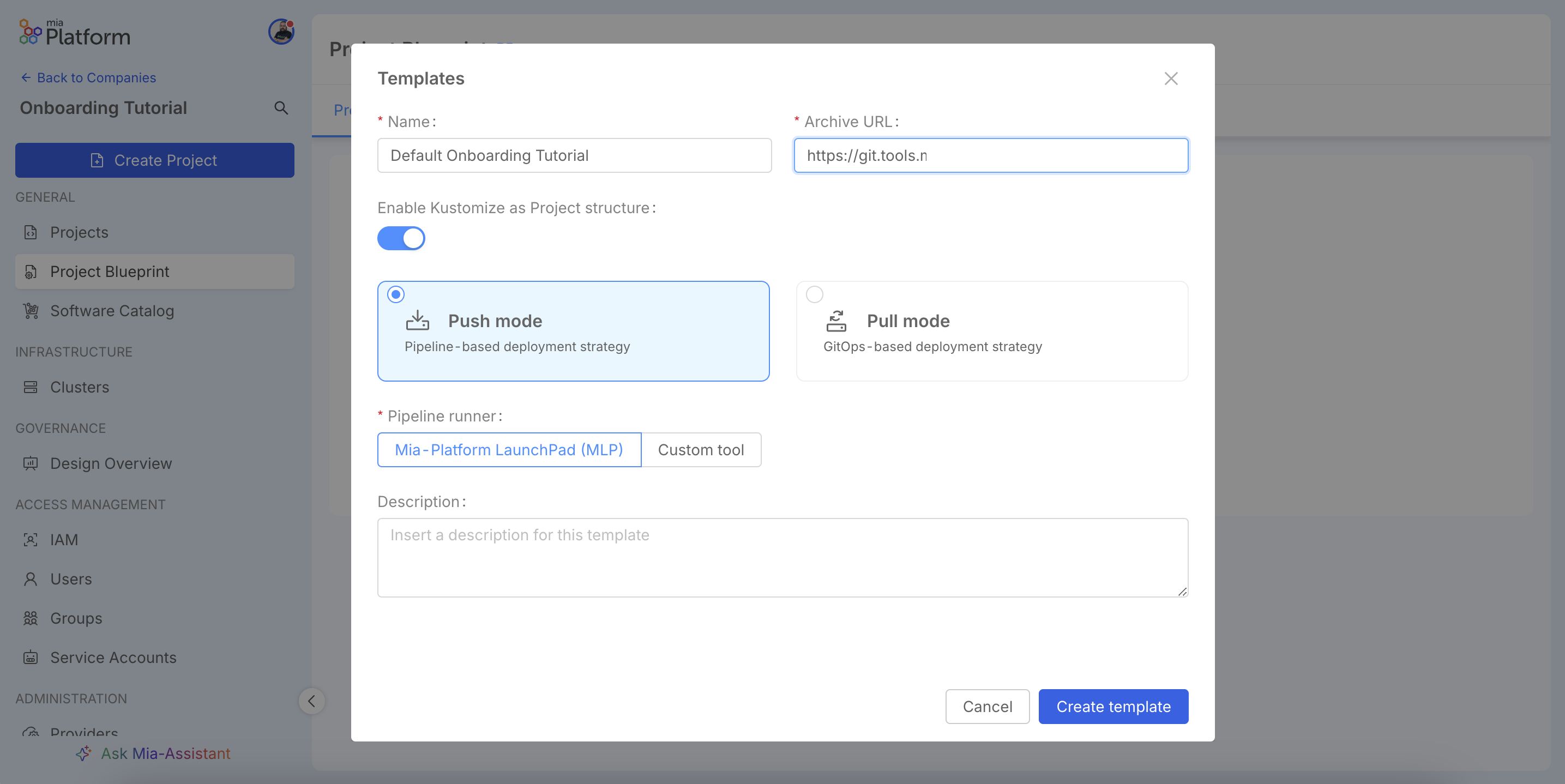 Modal to configure a new template.