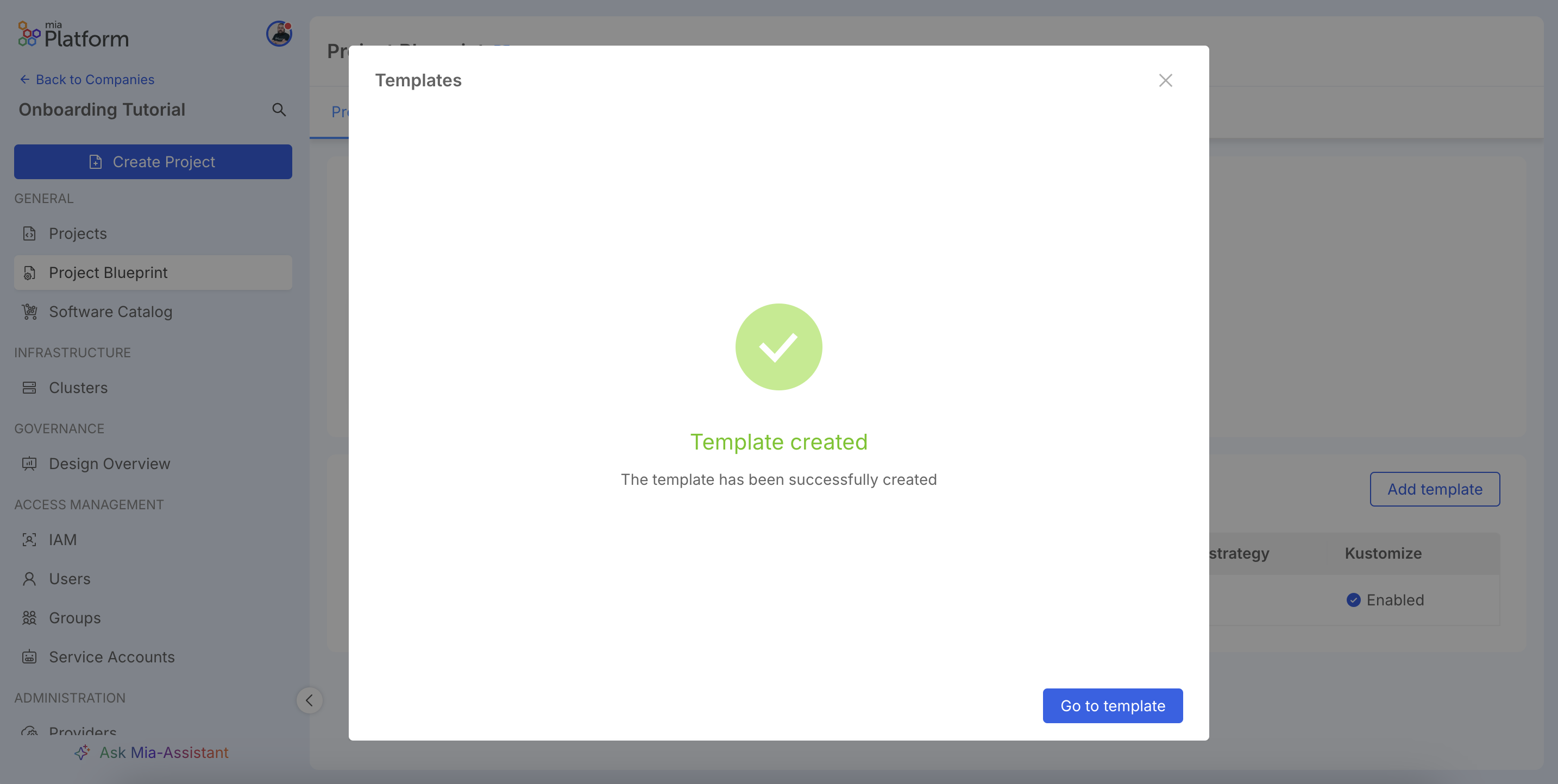 Project Templates page showing the newly created template.
