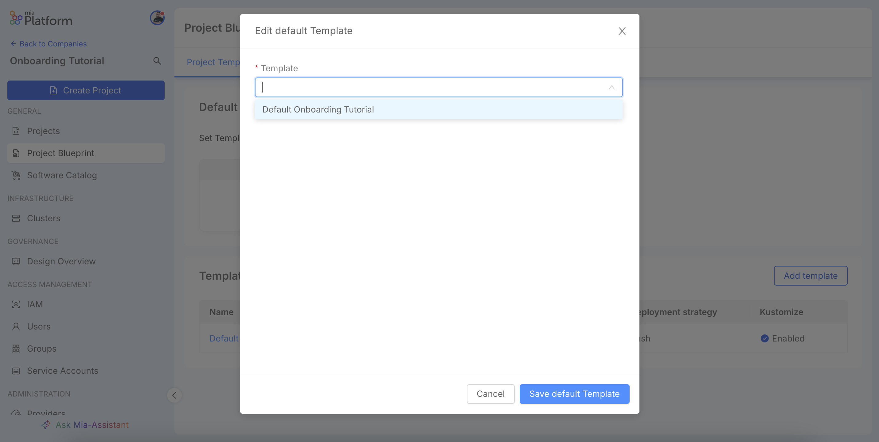 Modal to set the default template.