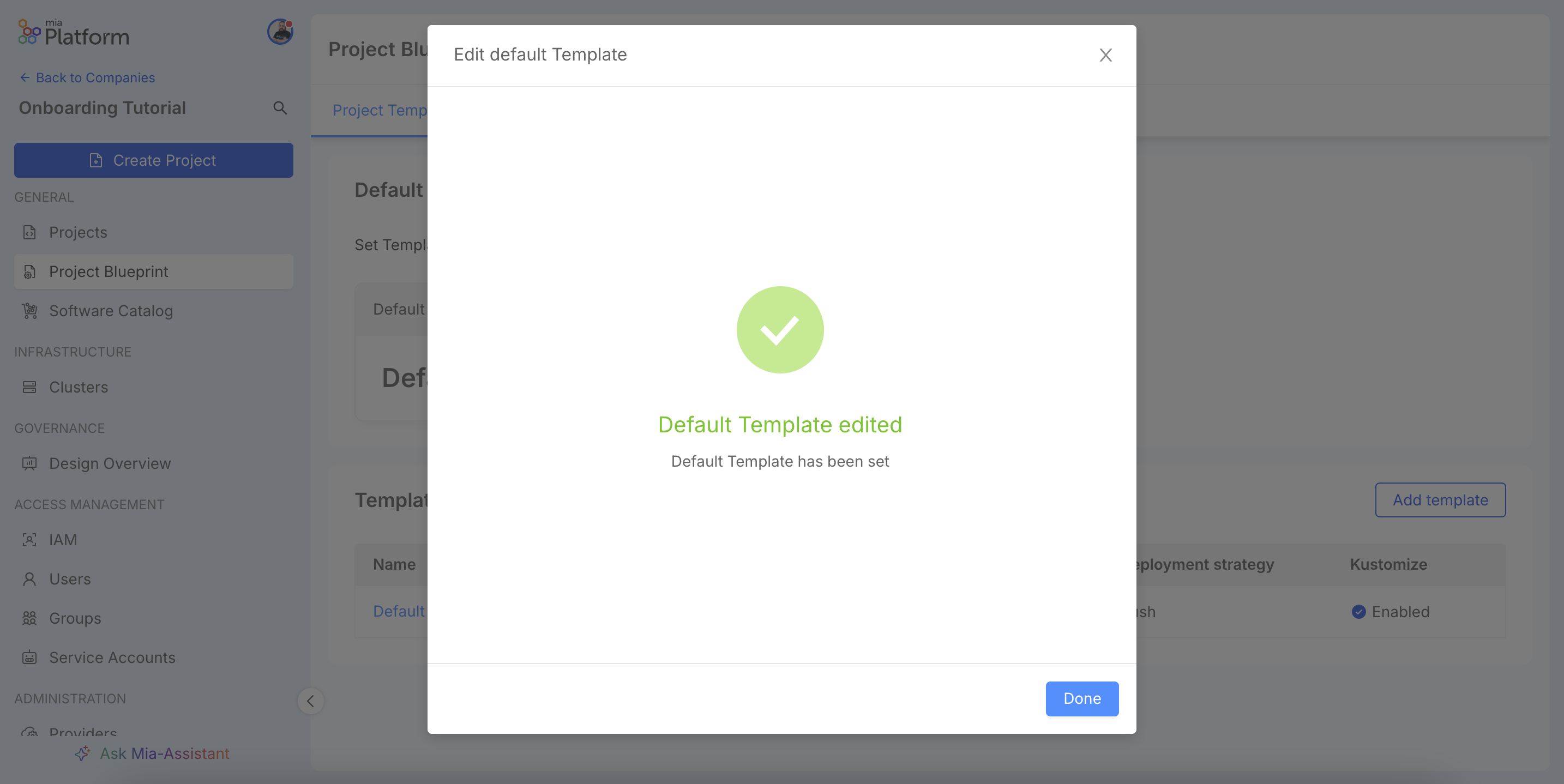 Success message confirming the default template has been set.