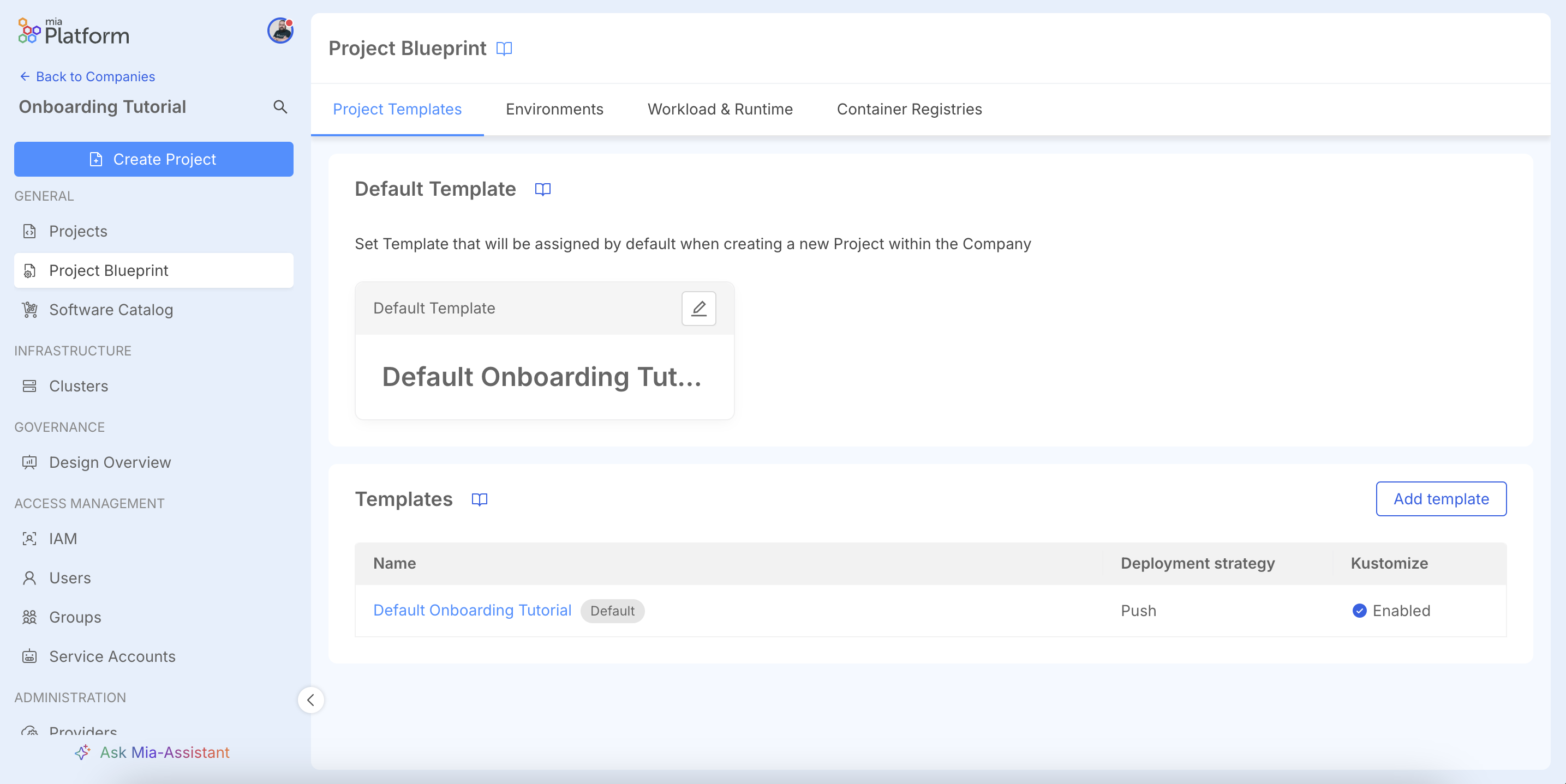 Project Templates page showing the highlighted default template.