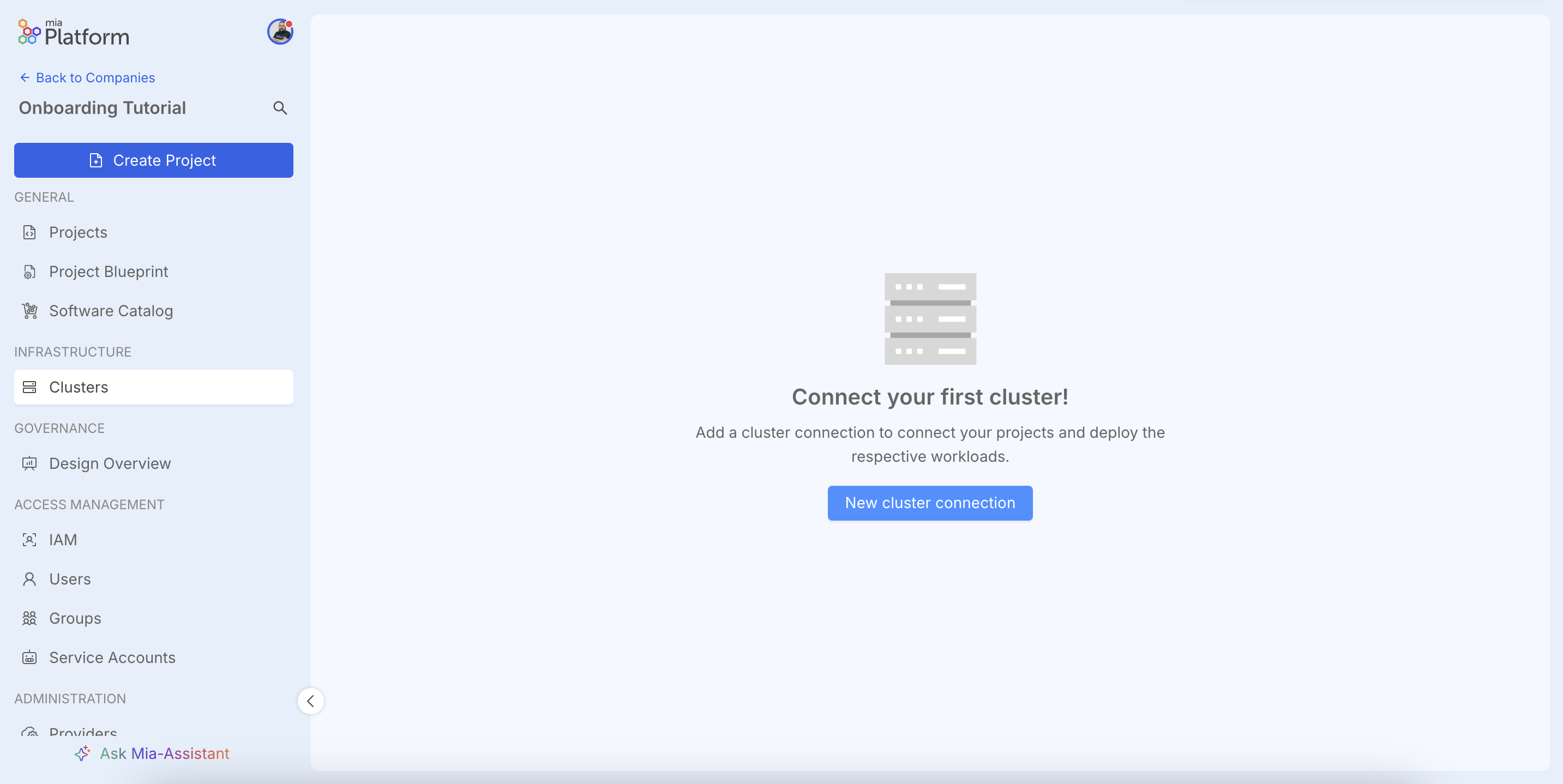 Clusters page with a call to action to create a new connection.