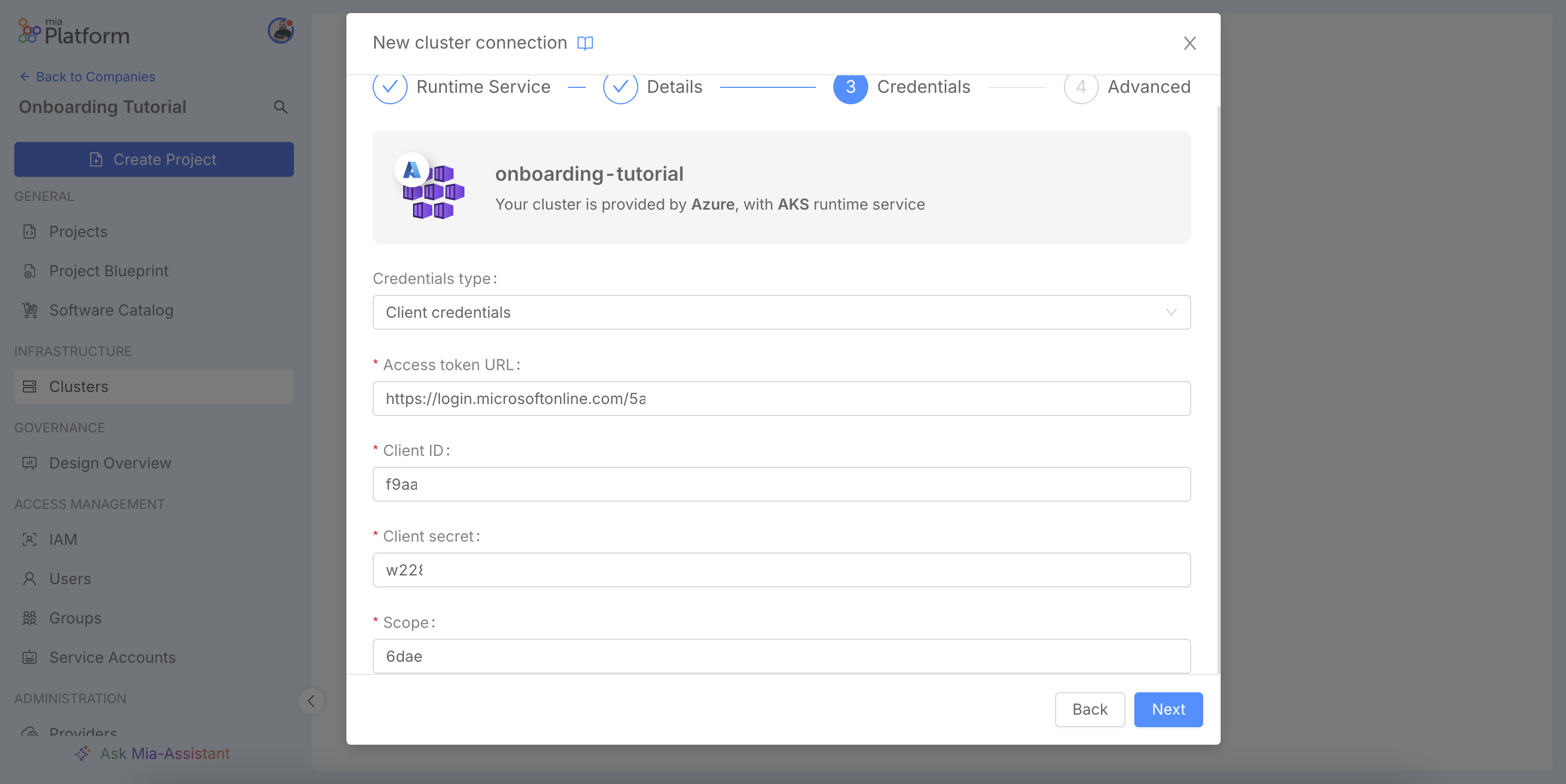 New cluster connection wizard, Credentials step.