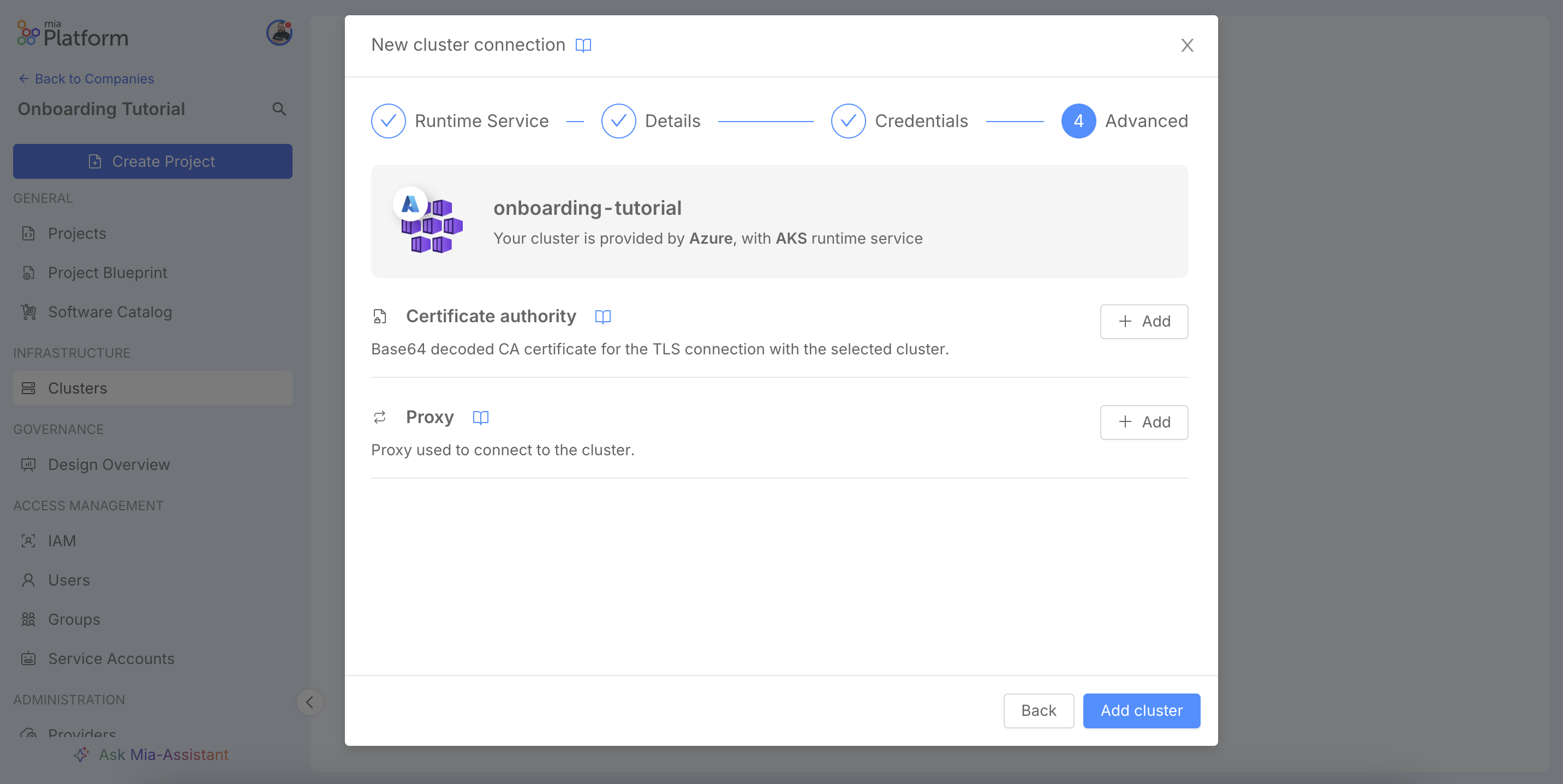 New cluster connection wizard, Advanced step.