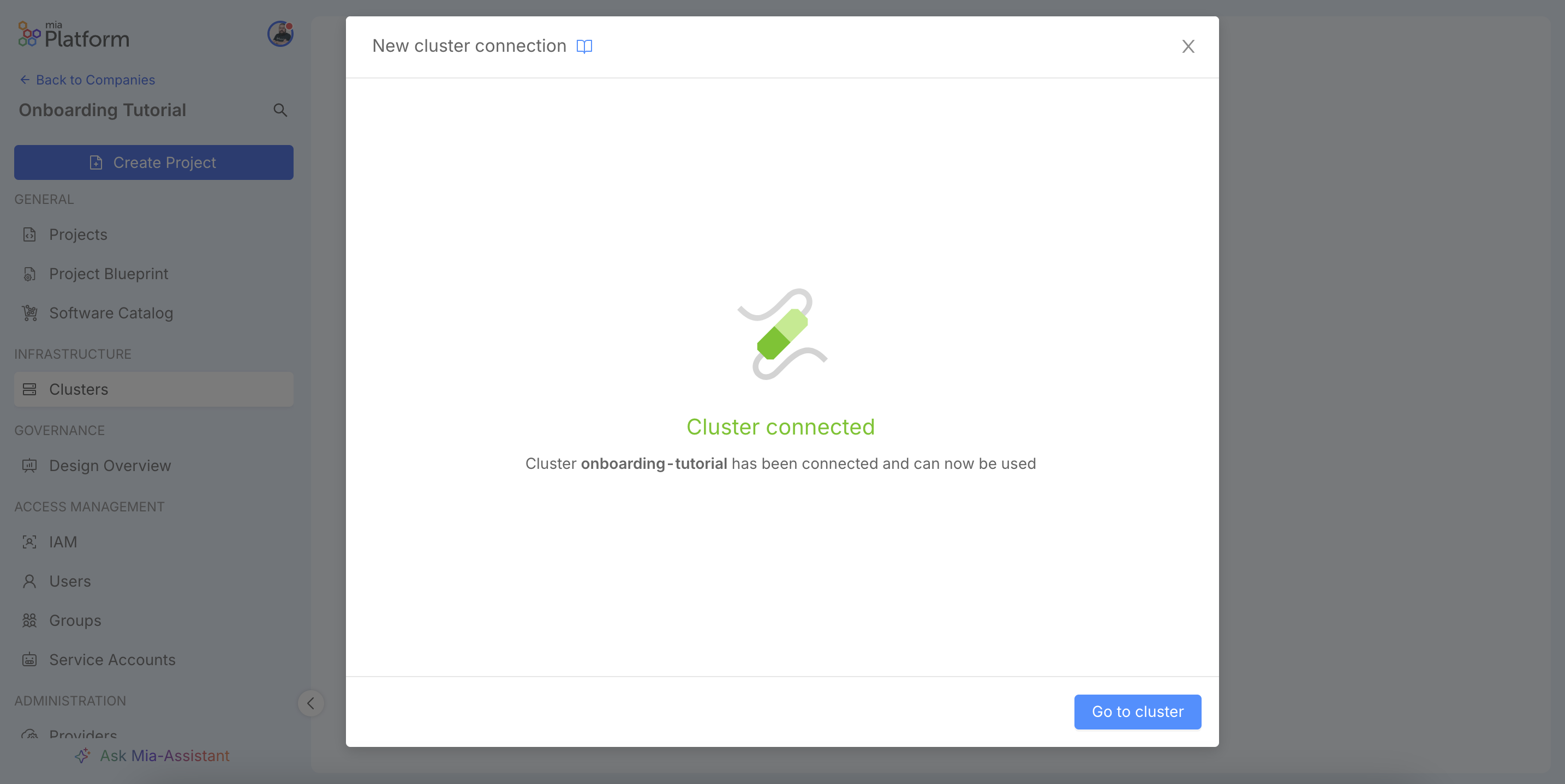 Success message confirming the cluster connection.