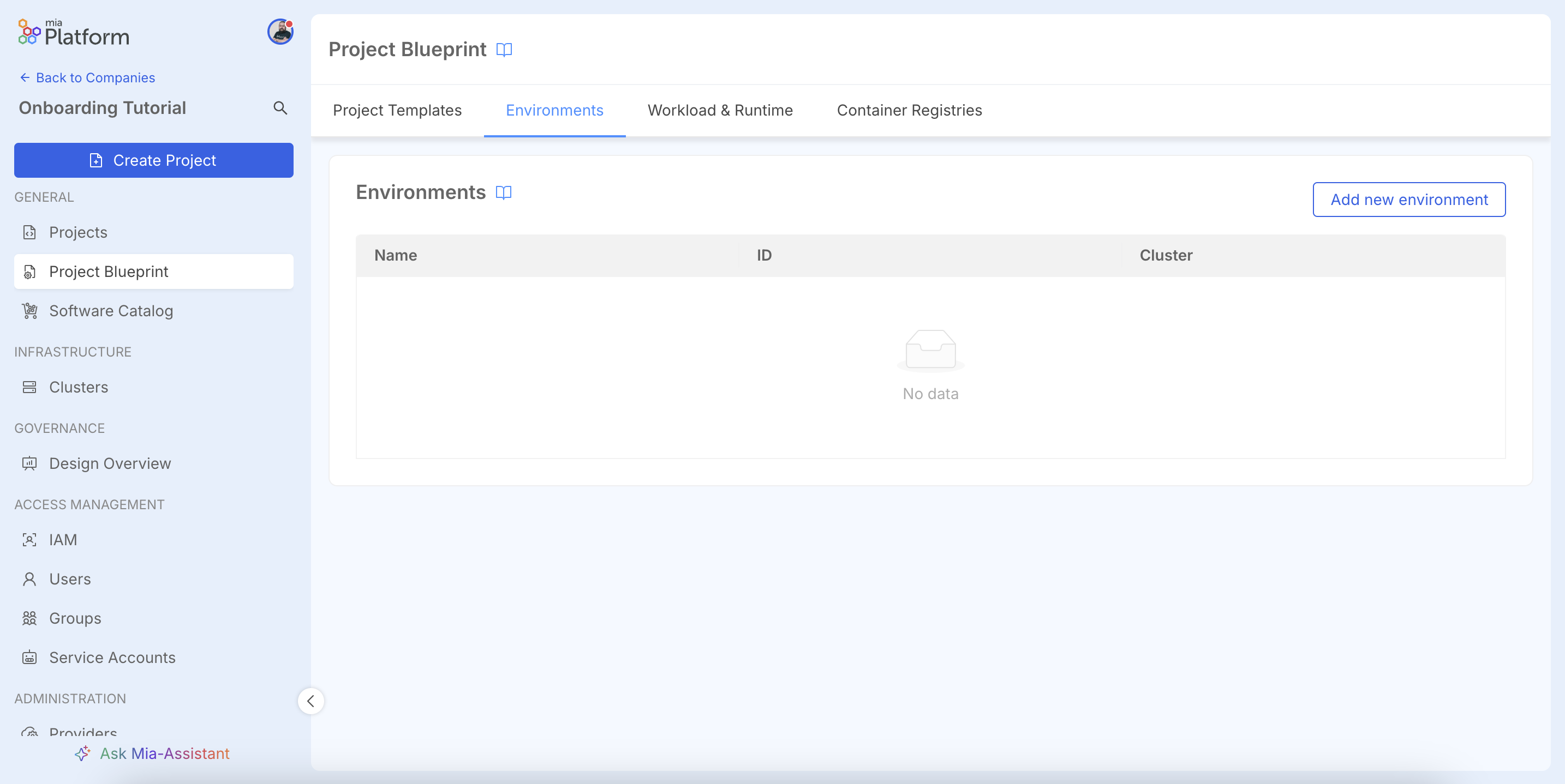 Environments page with a call to action to add a new environment.