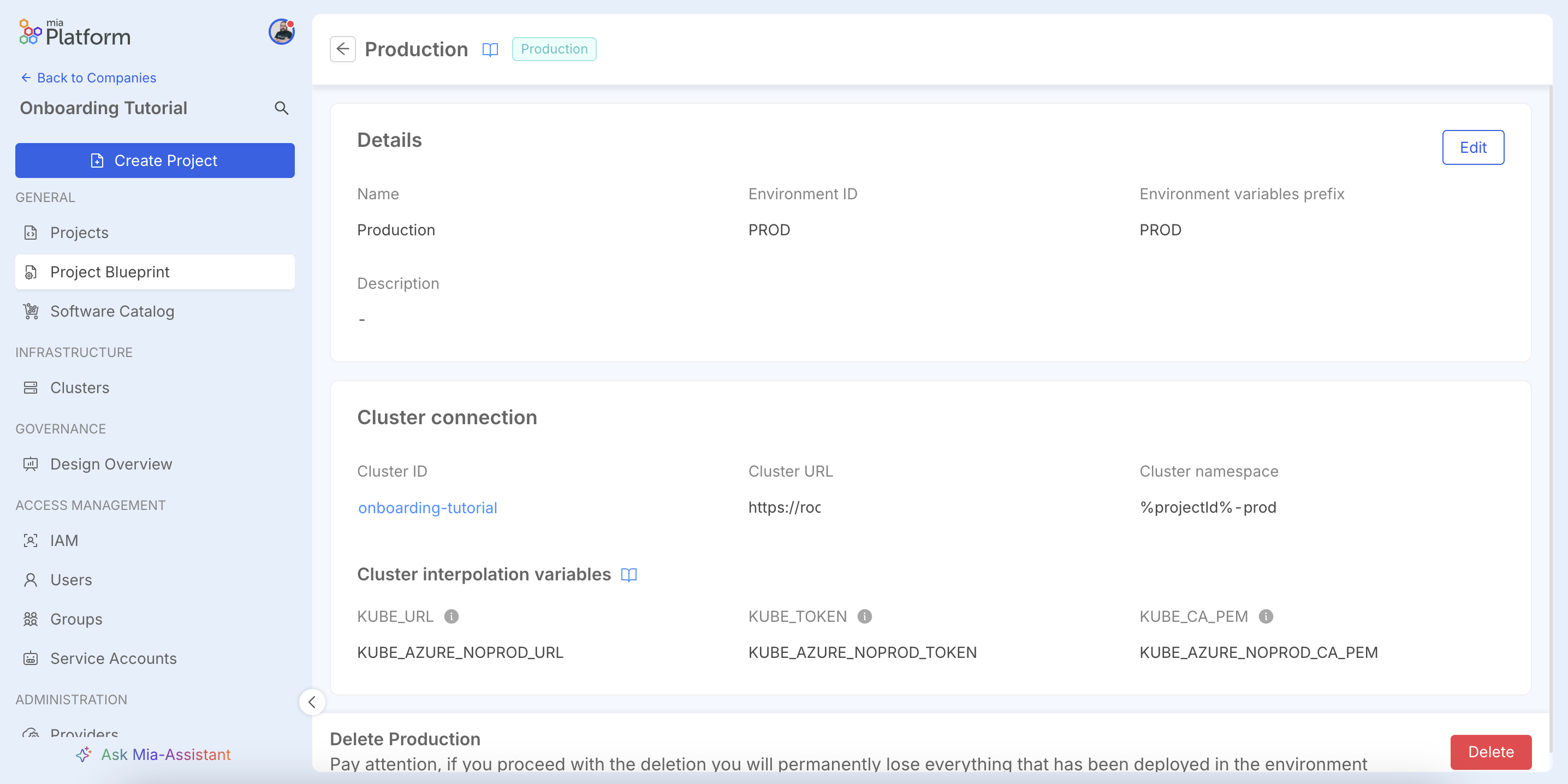Environment details page showing Cluster Interpolation Variables.