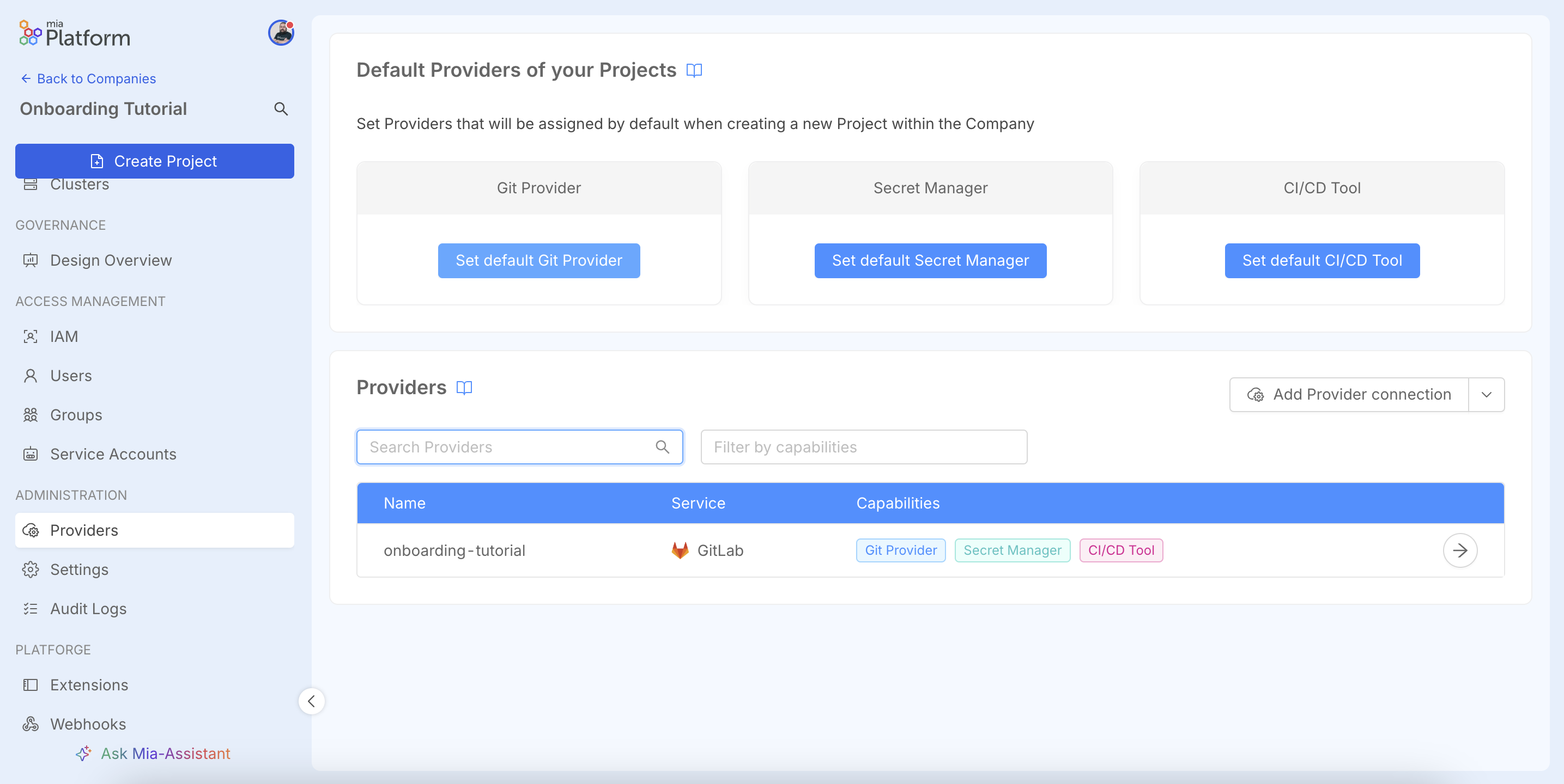 Providers page showing the section to define default providers.