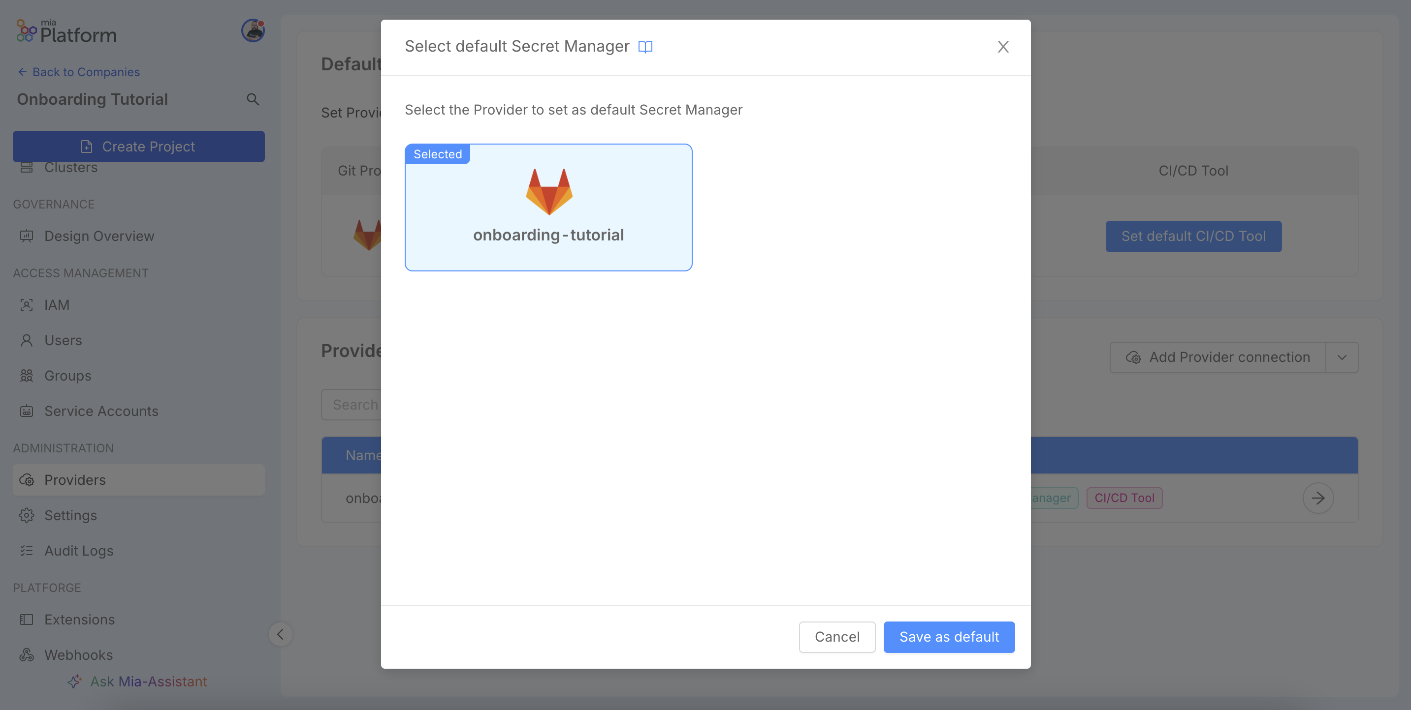 Modal to set the default Secret Manager.