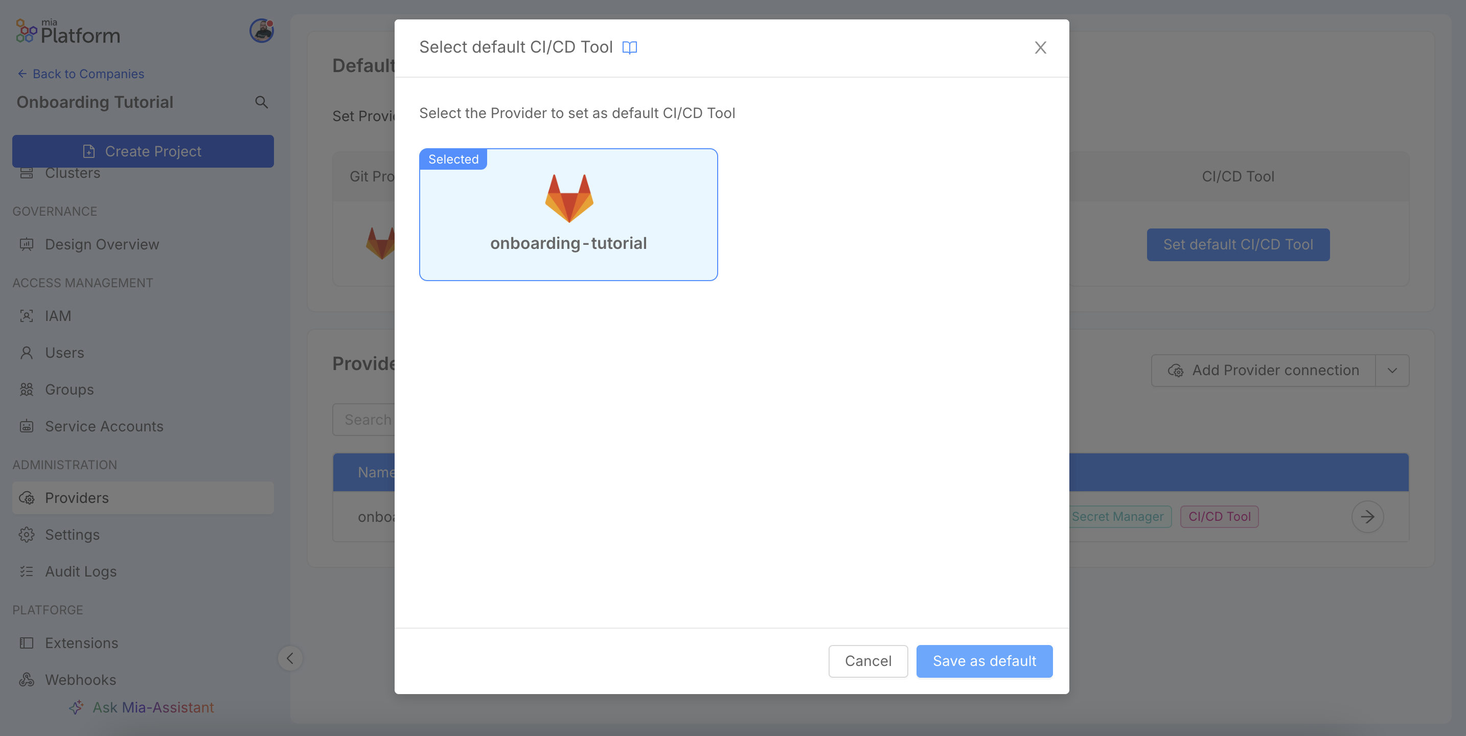 Modal to set the default CI/CD Tool.