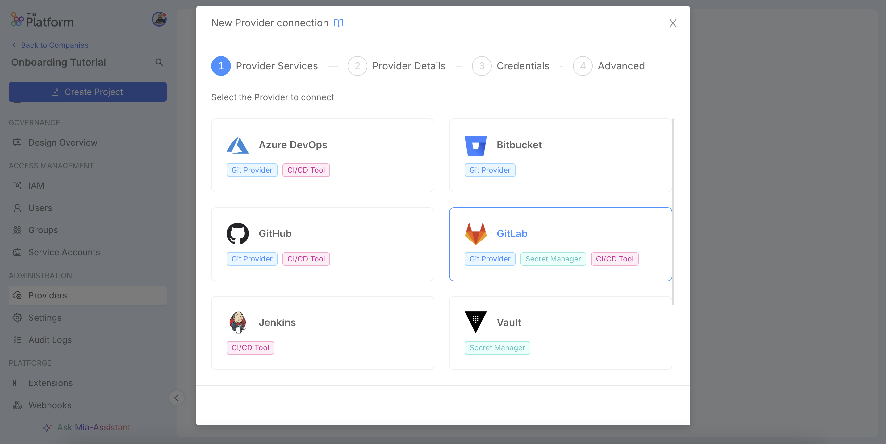 New provider connection wizard, Provider Services step, selecting the service.
