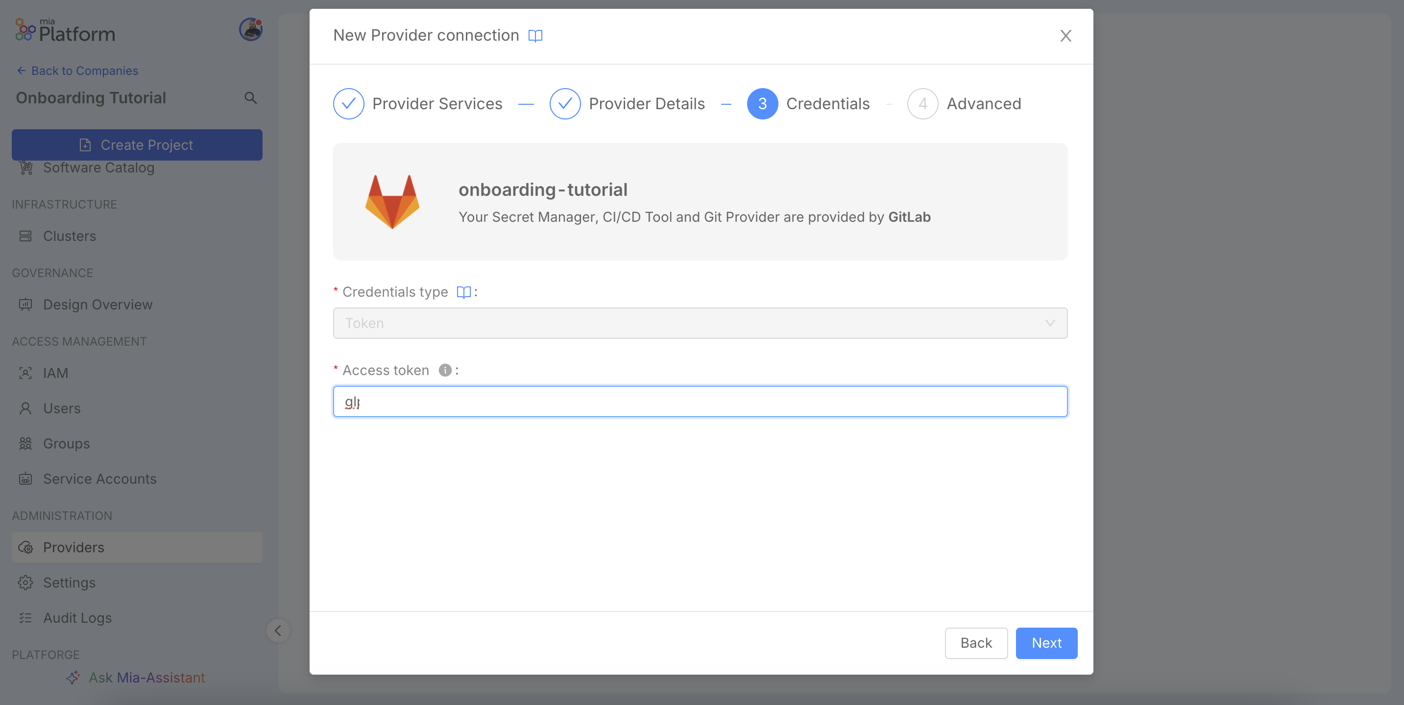 New provider connection wizard, Credentials step.