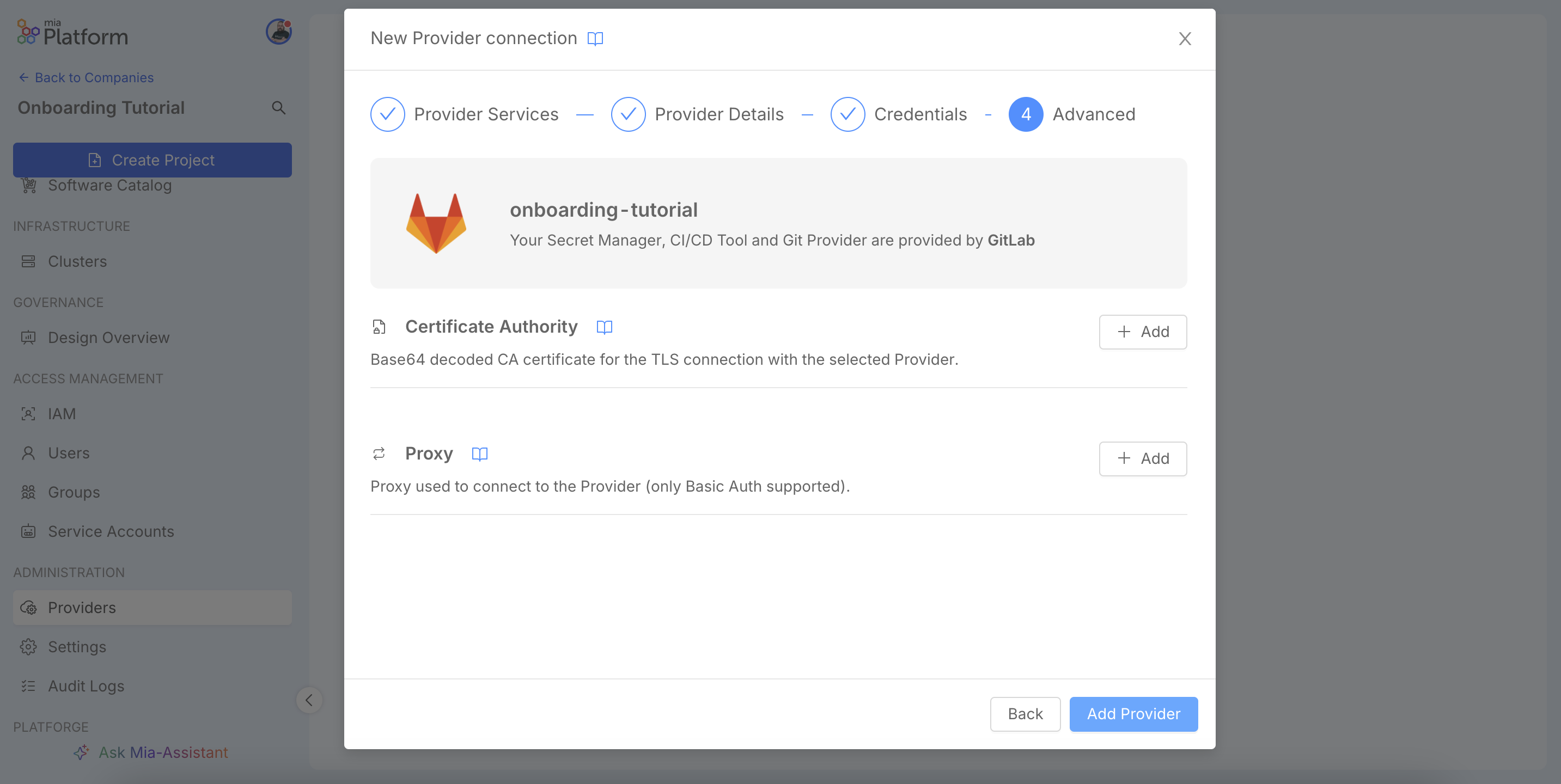 New provider connection wizard, Advanced step.