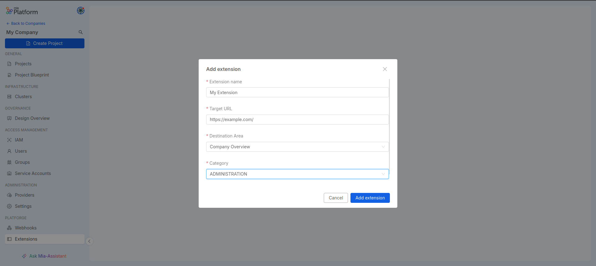 create extension modal