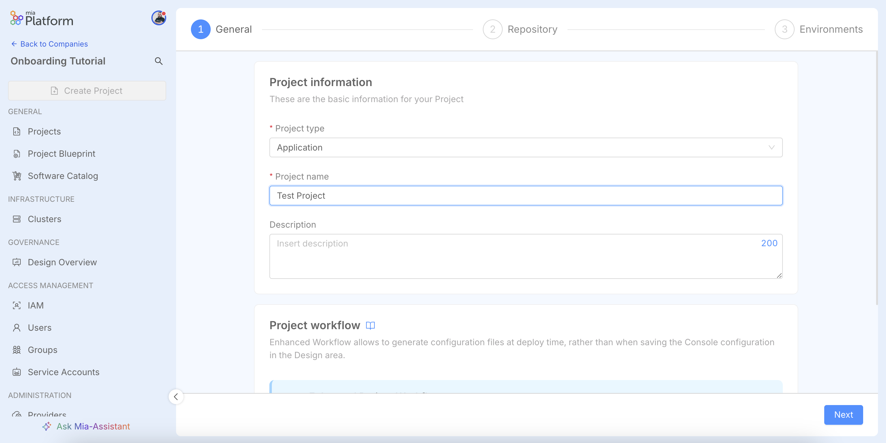 Create Project wizard, General step.