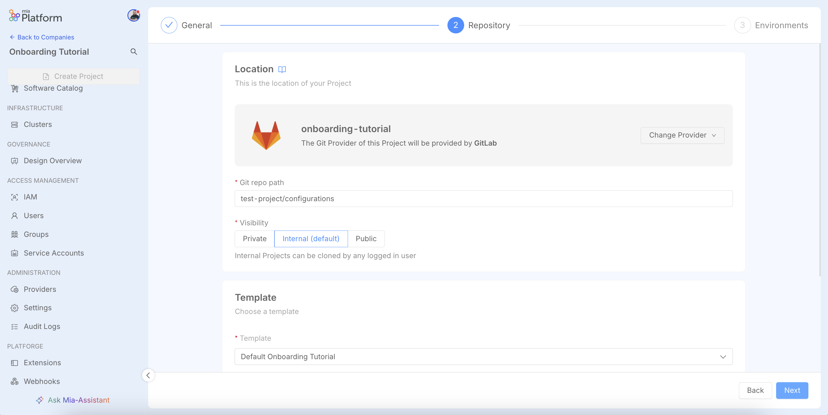 Create Project wizard, Repository step with defaults pre-selected.