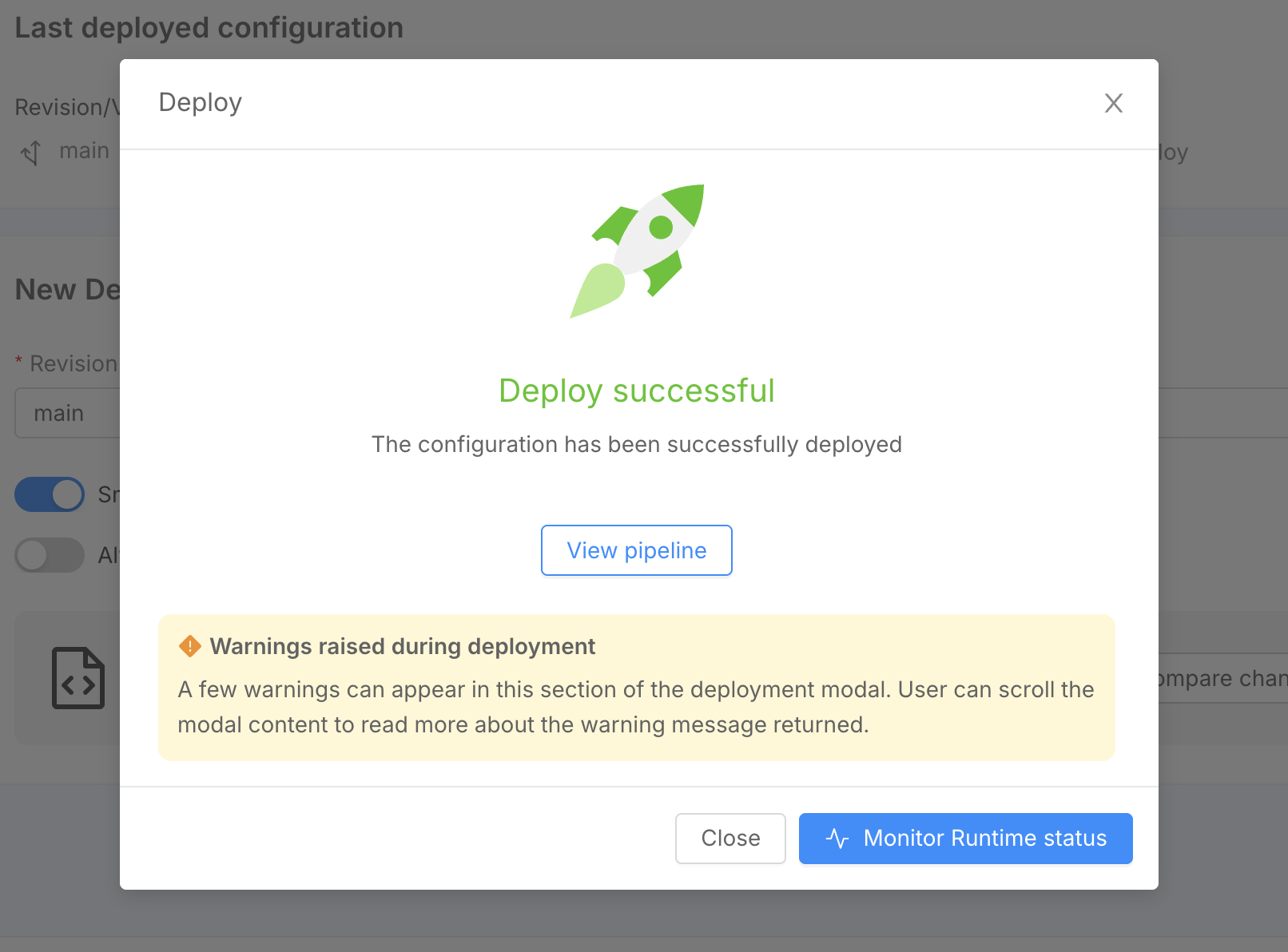 warnings in deploy modal