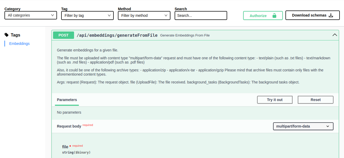 Embeddings generateFromFile API