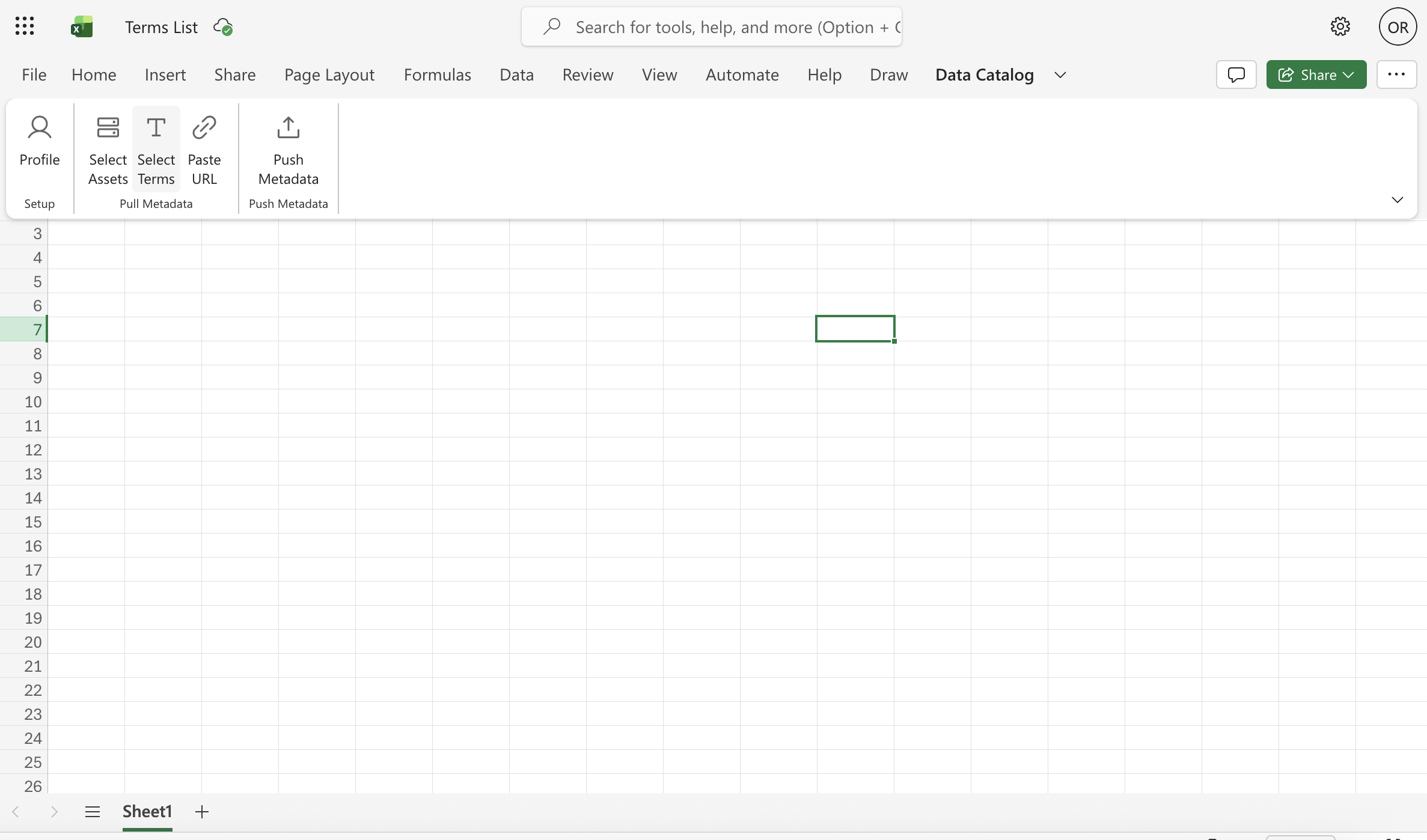 Data Catalog Excel ribbon