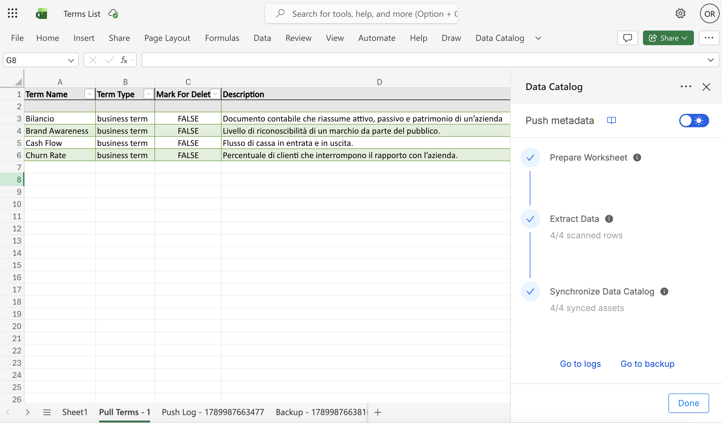 Push metadata result