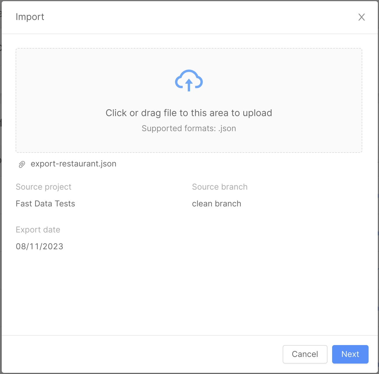 Import modal with uploaded file