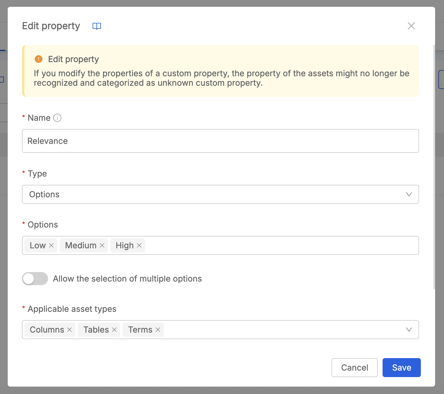 Editing a custom property applicable to Terms