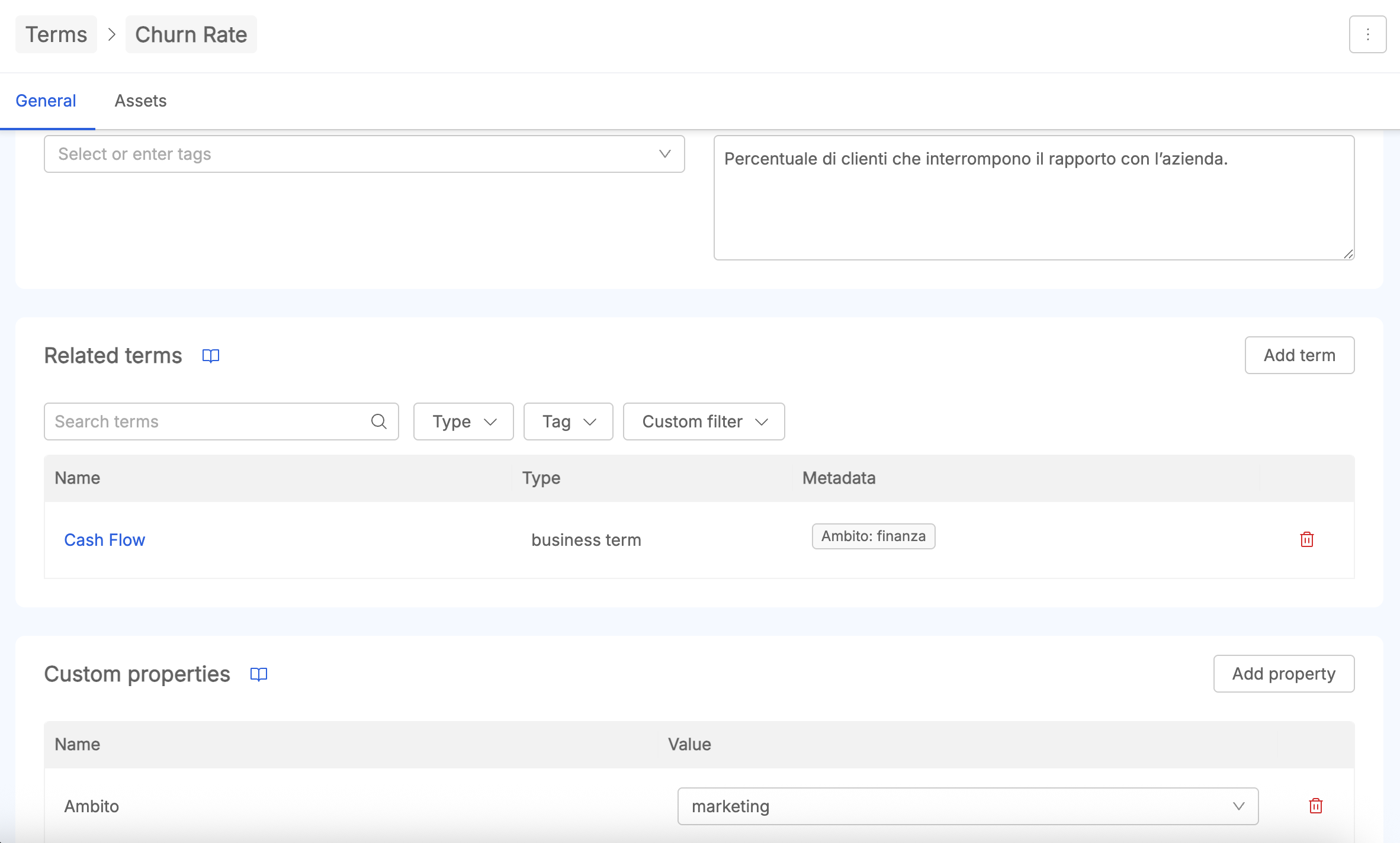 Term detail - related terms and custom properties
