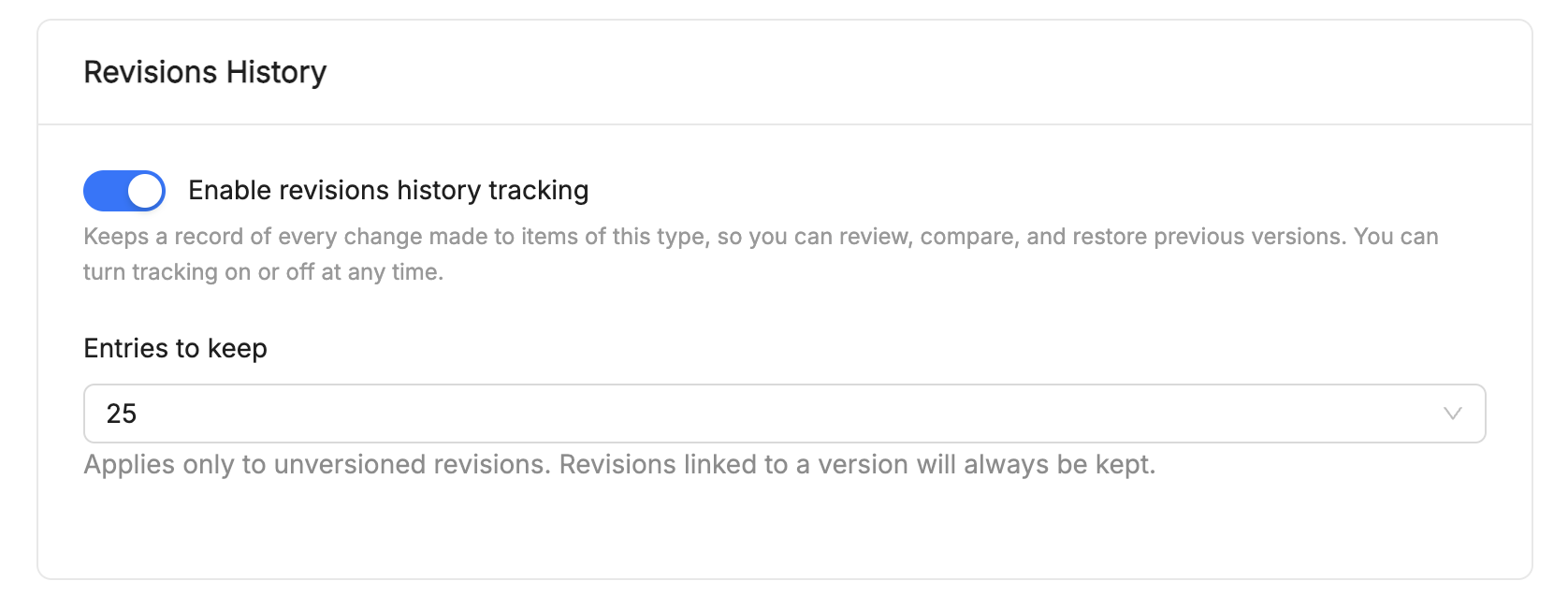 Revisions History settings on an Item Type