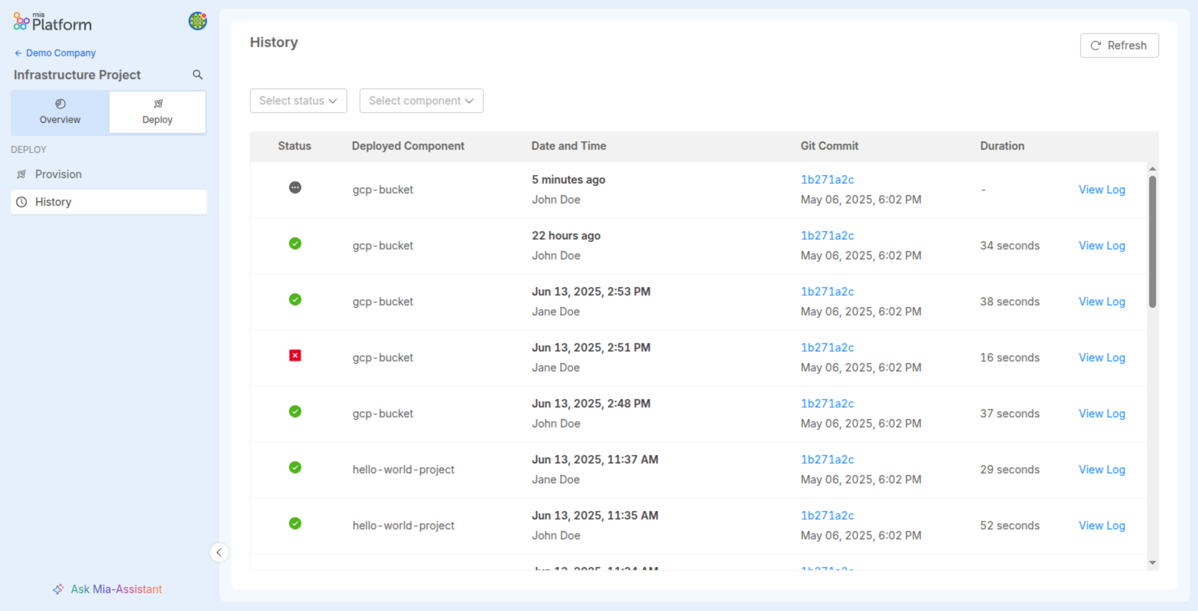 Infrastructure project deploy history