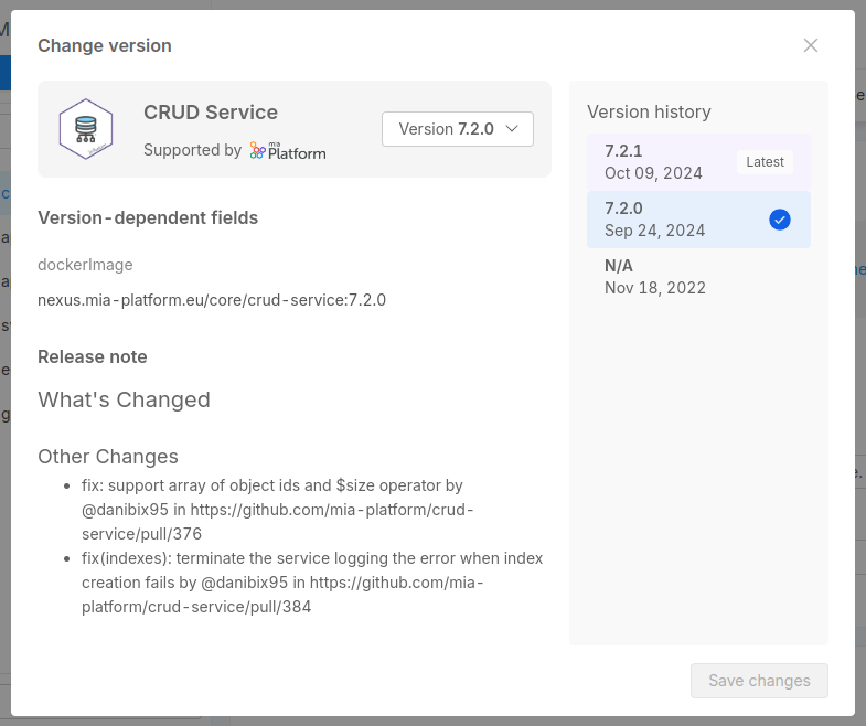 Change version of a service generated from a Marketplace plugin