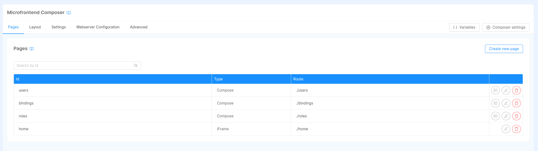 Screenshot of Microfrontend Composer homepage