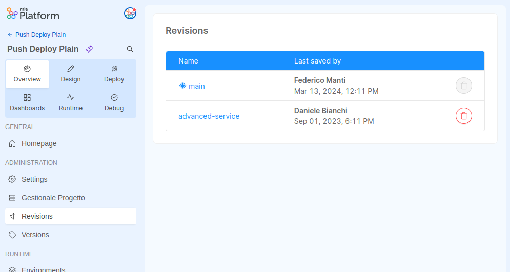 Revisions management page