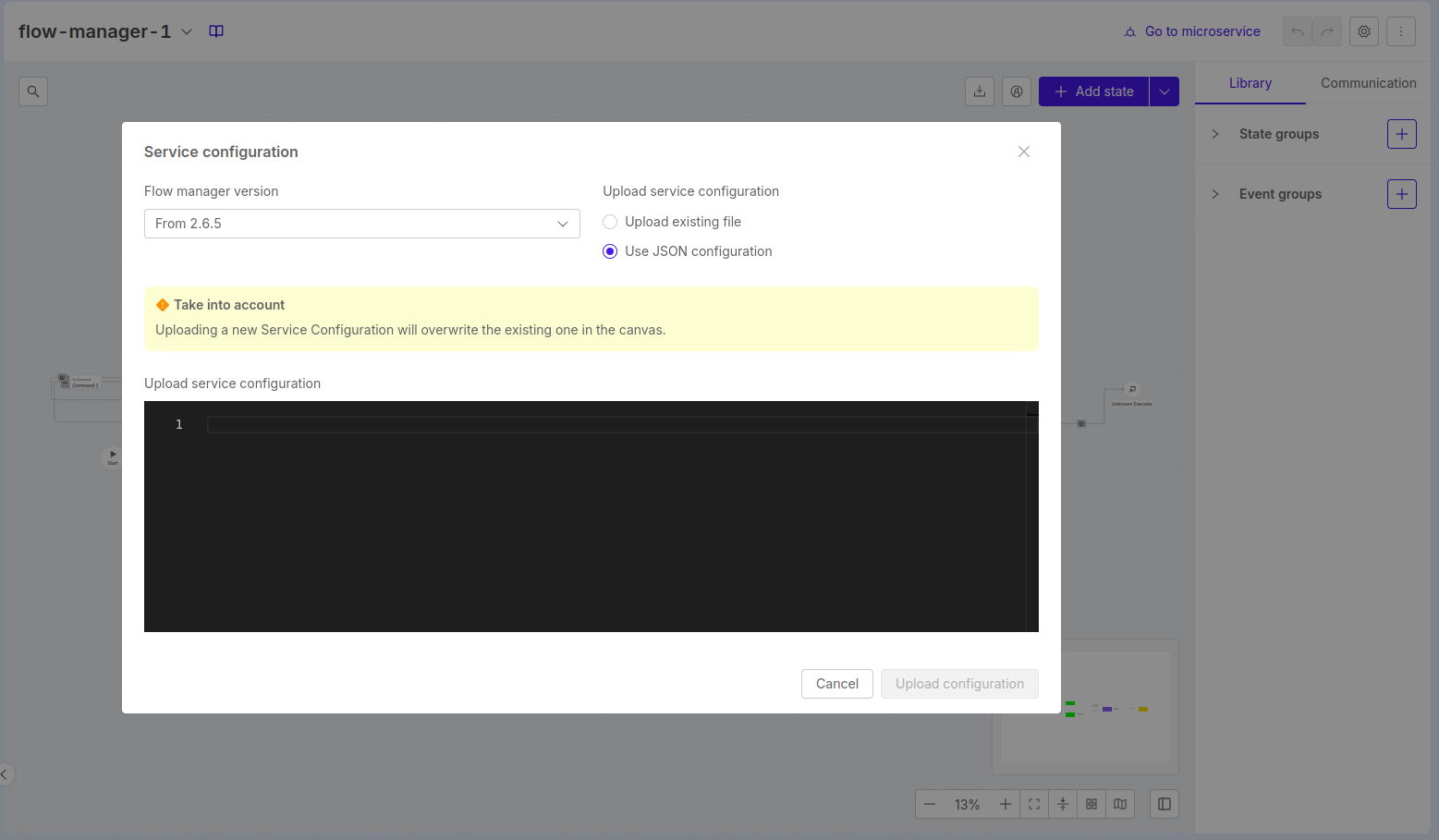 Upload service configuration editor