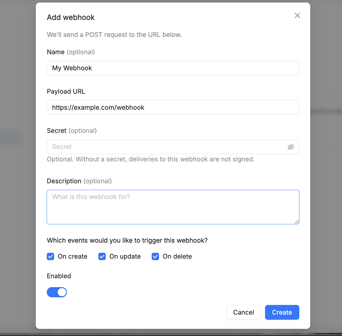 Add webhook form