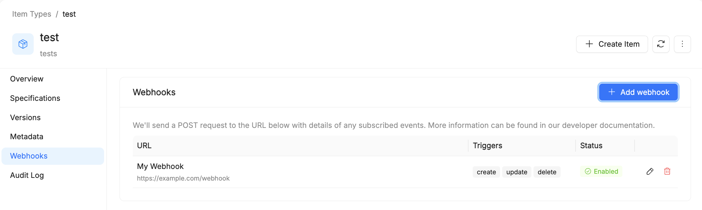 Webhooks tab on an Item Type